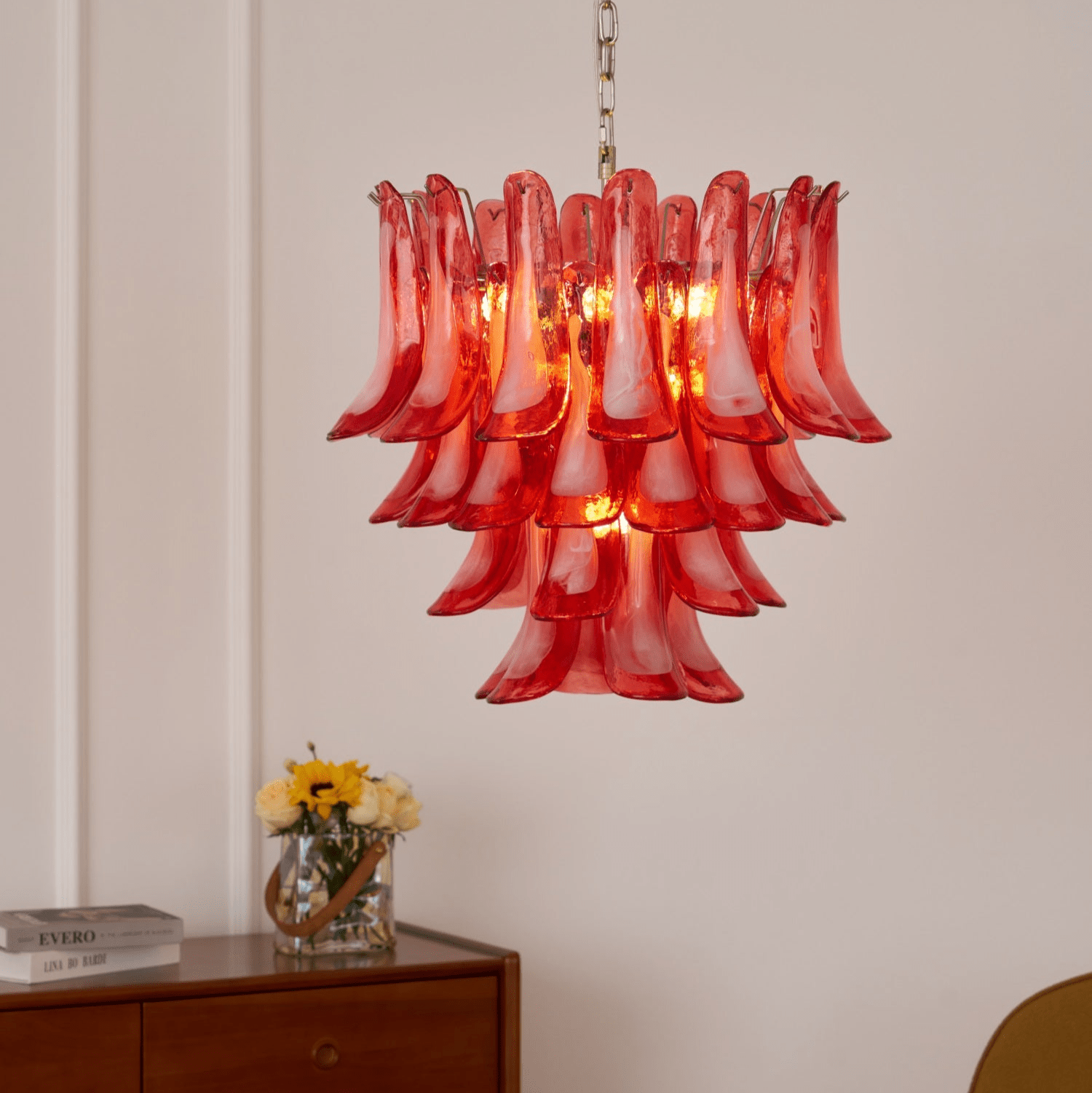 Aurora Chandelier Crimson Murano Glass Petals Layered Vintage-Neutral Decor