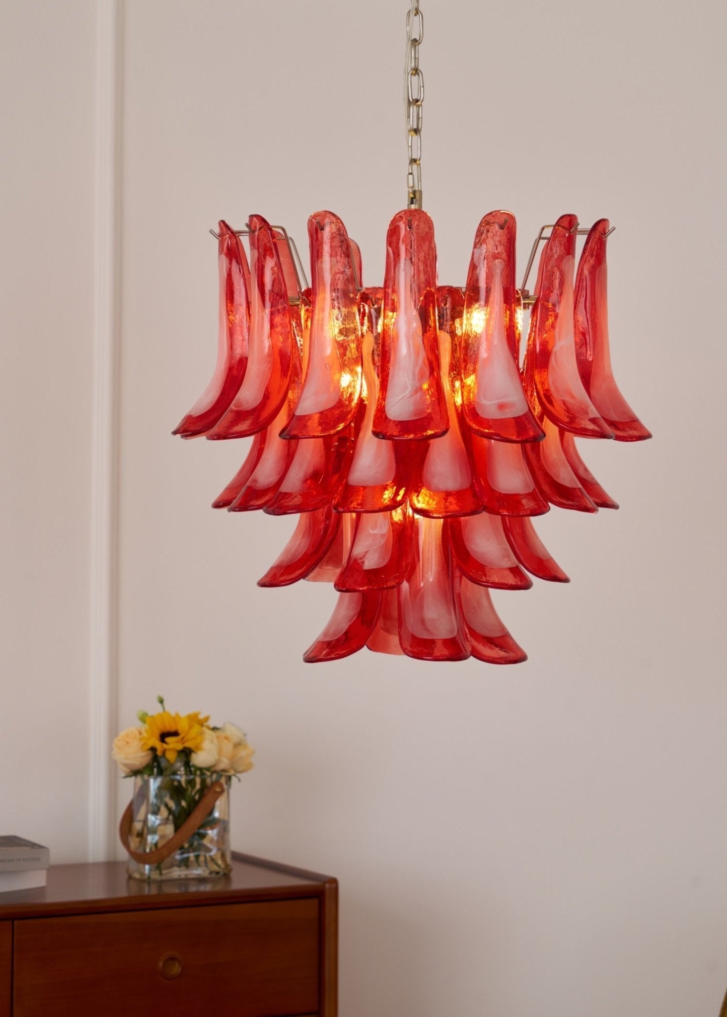 Aurora Chandelier Crimson Murano Glass Petals Layered Vintage-Neutral Decor
