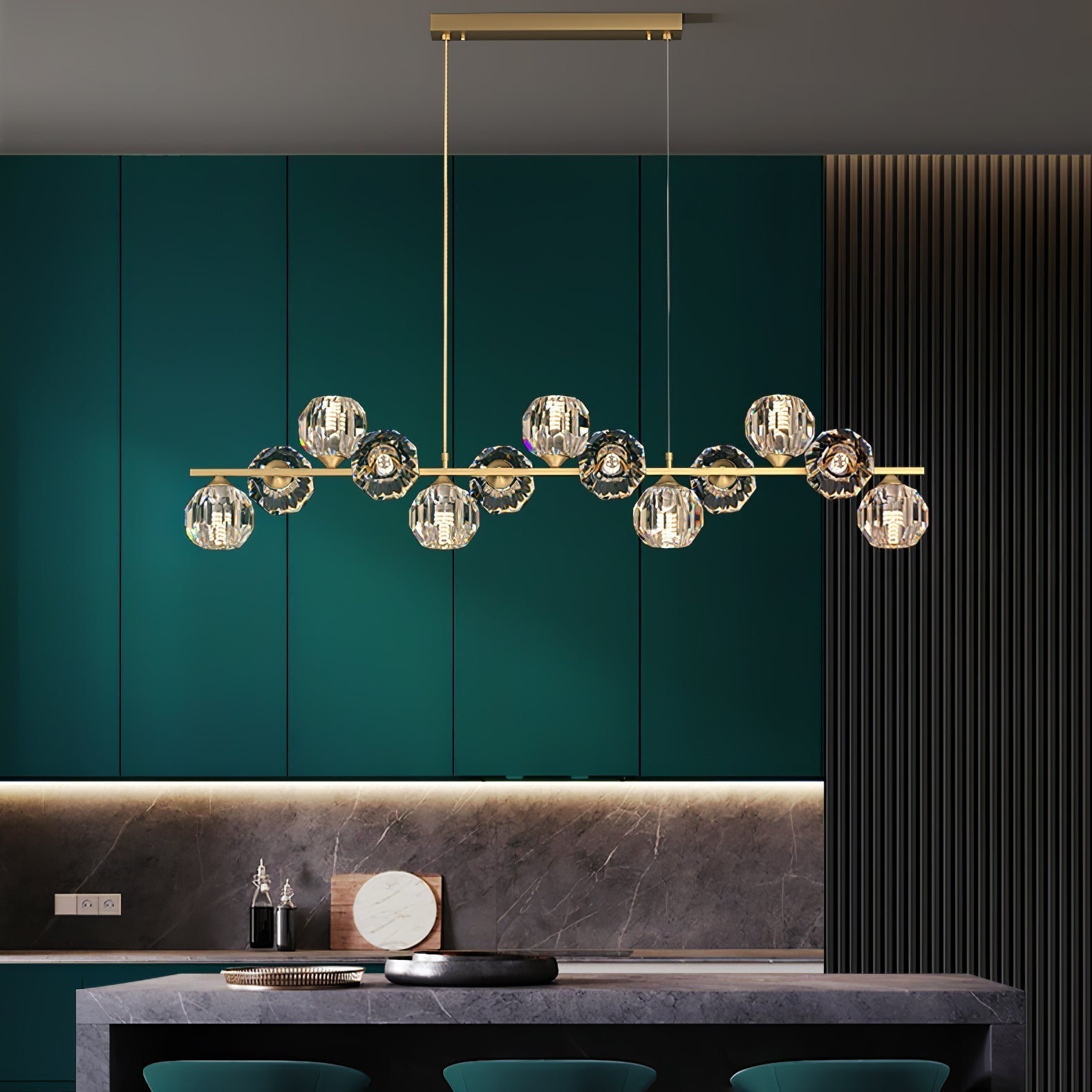 Valentina Modern LED Long Linear Metal Brass Multi Crystal Glass Globe Living/Dining Room Pendant Light - Neutral Decor