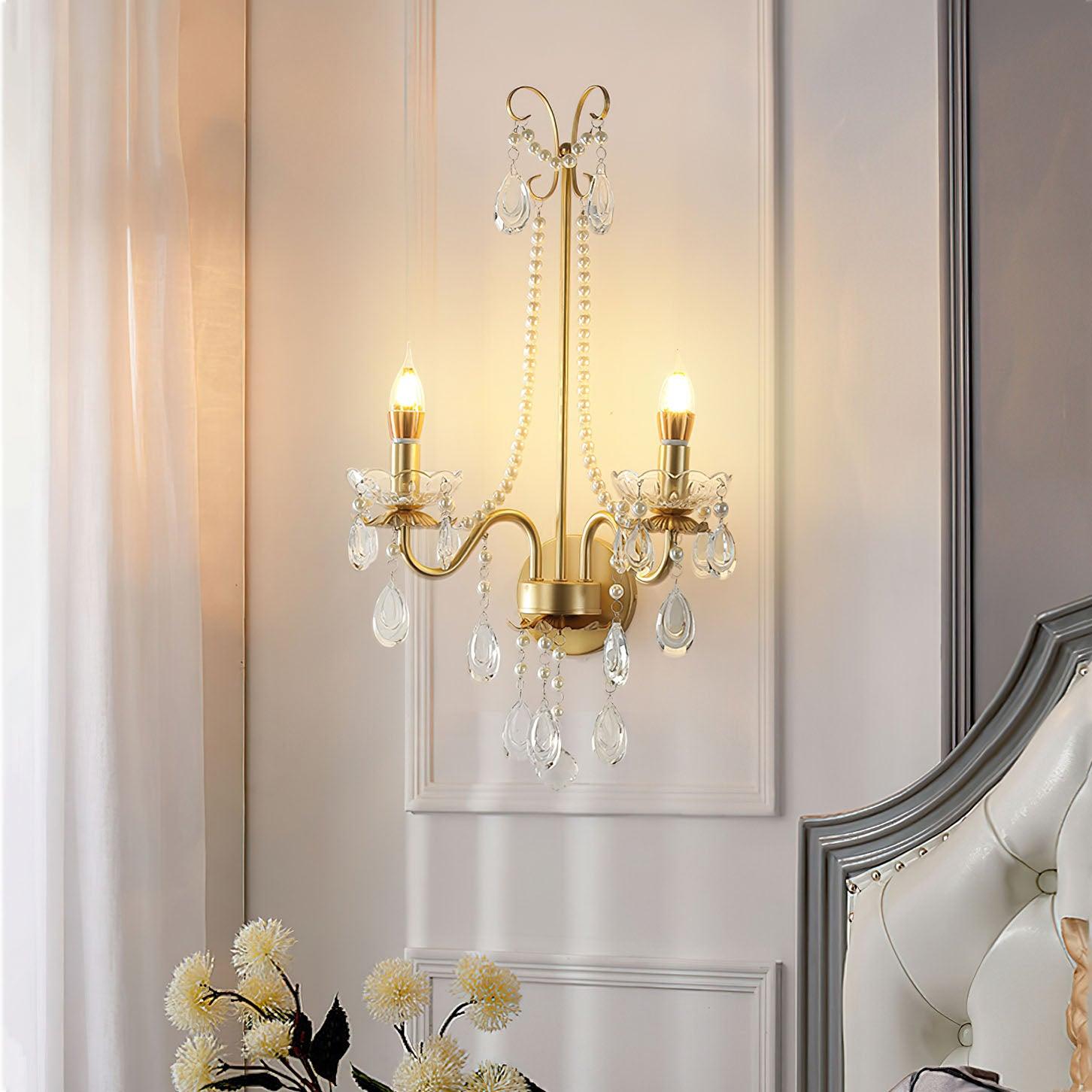 Nydoraris Elegance Pearl Chain Crystal Wall Lamp-Neutral Decor
