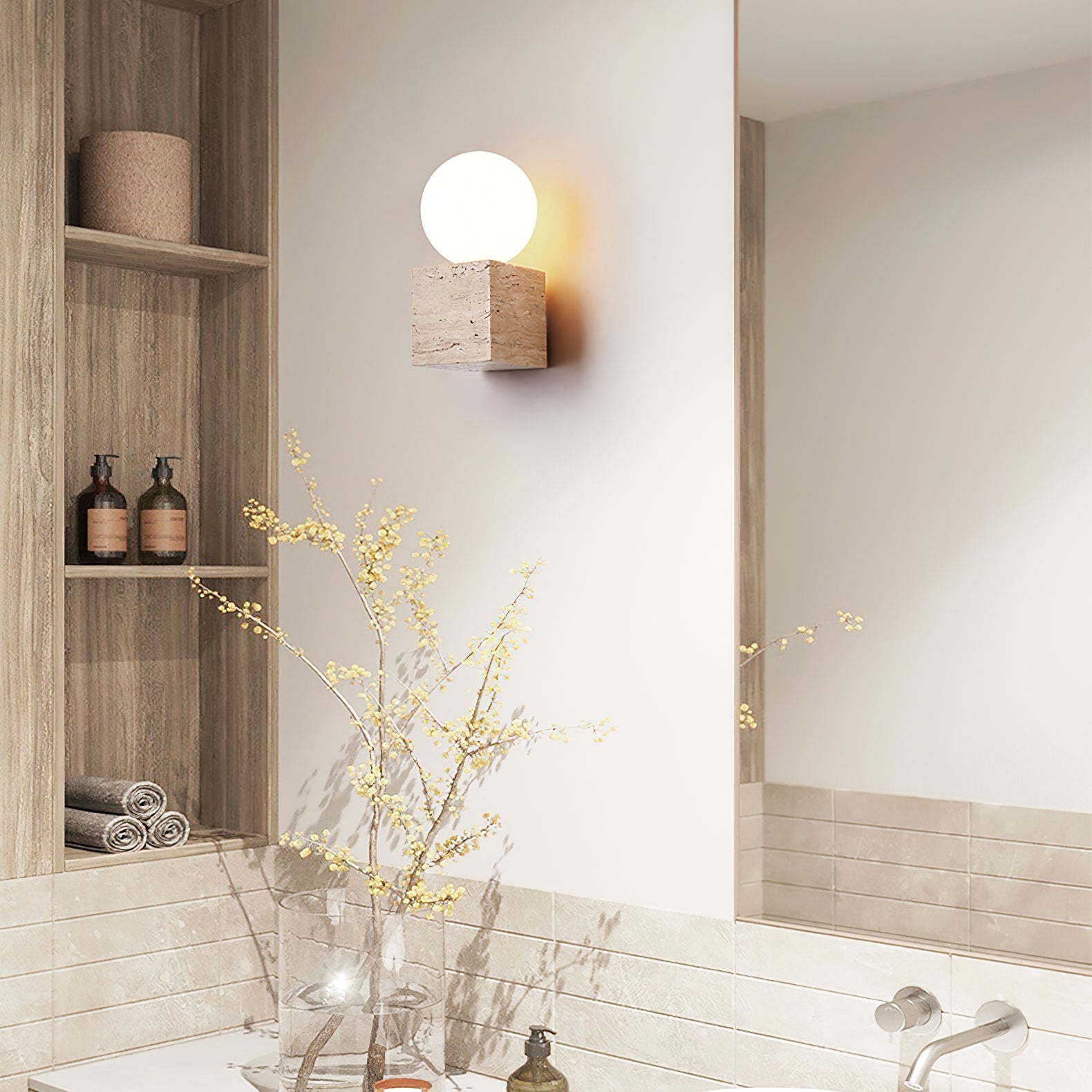 Eurlaean Cube-Base Travertine Wall Light-Neutral Decor