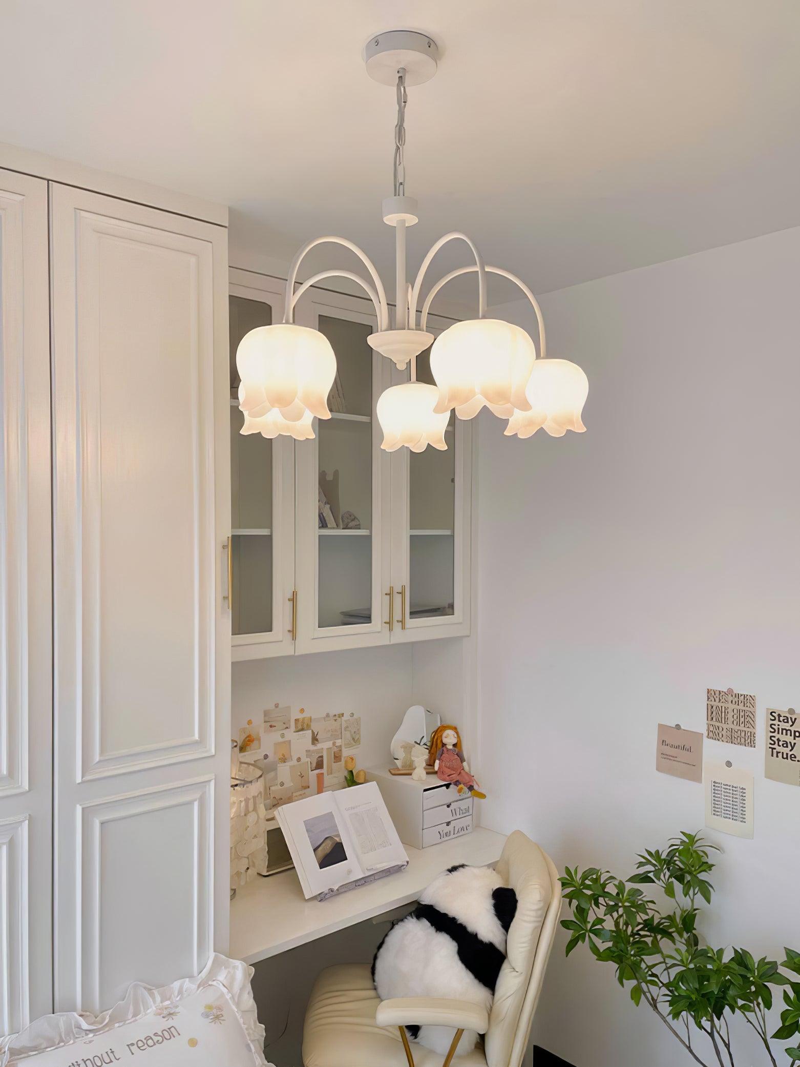 Revely Chandelier Bell Shade Curved Arm White Floral Elegant-Neutral Decor