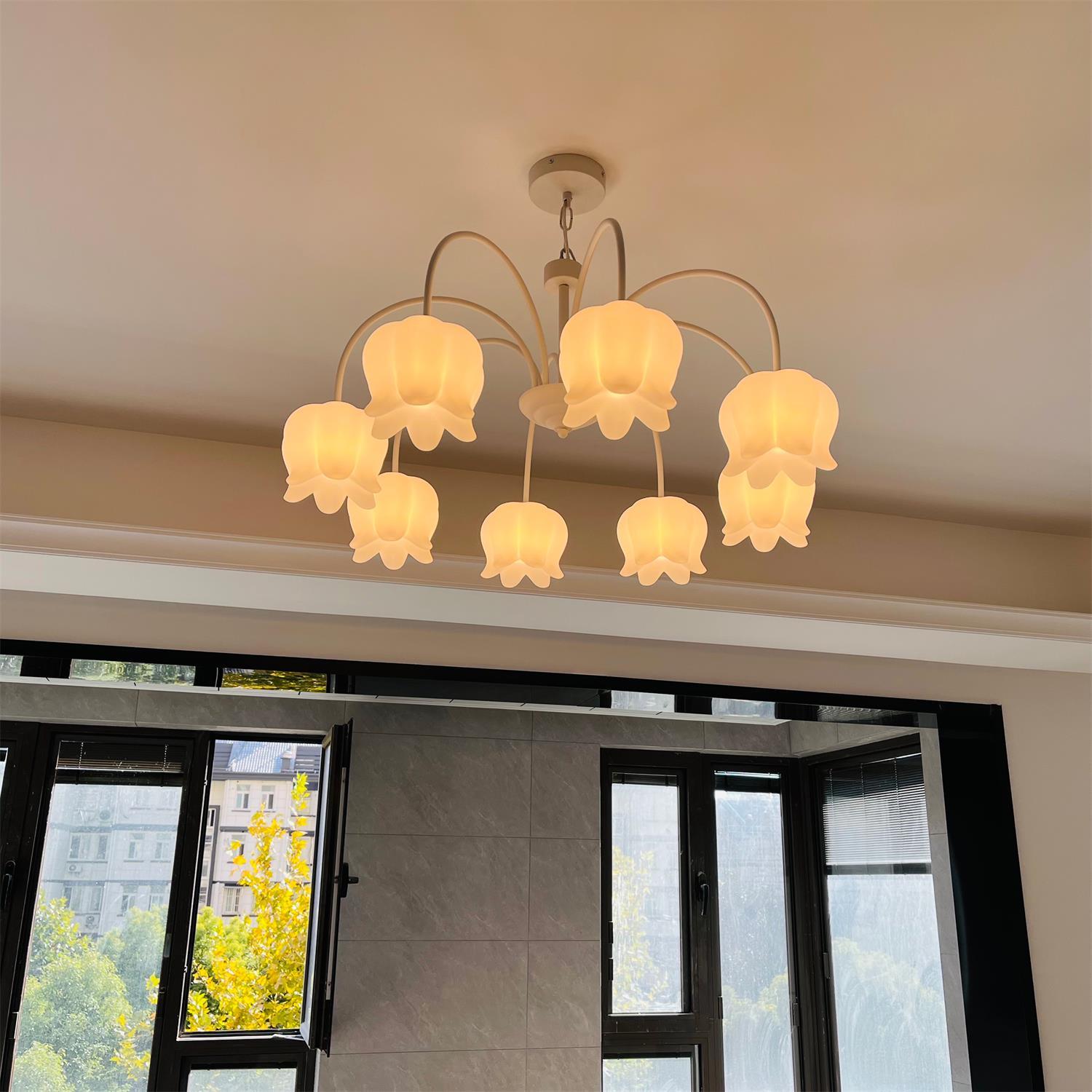 Revely Chandelier Bell Shade Curved Arm White Floral Elegant-Neutral Decor