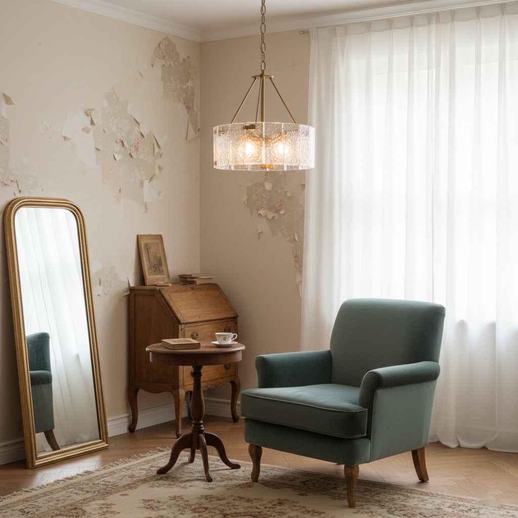 Unlit Fenoullet Chandelier displaying the gold finish and opaque glass.