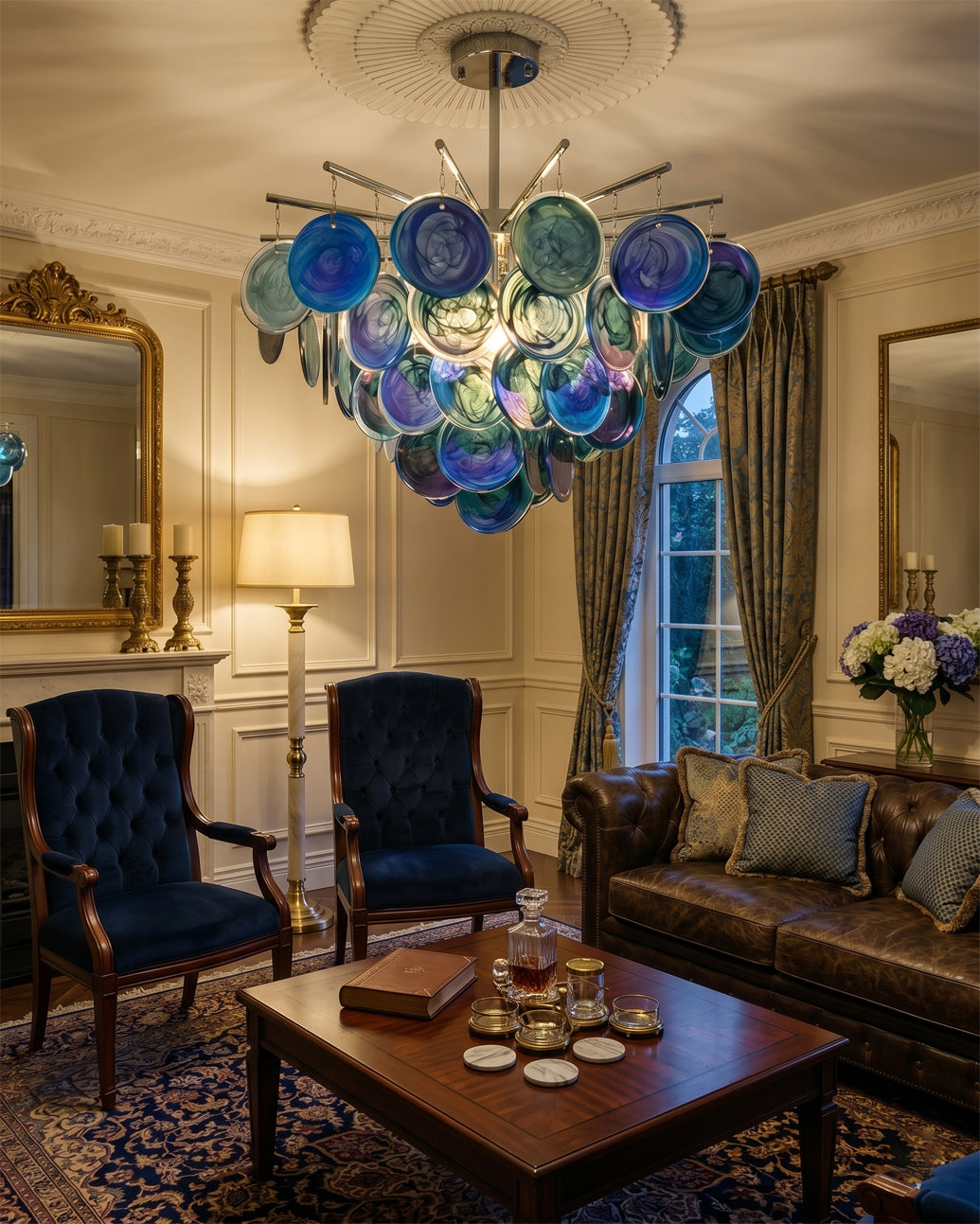 Camisa Glass Chandelier installed in a modern living room setting.