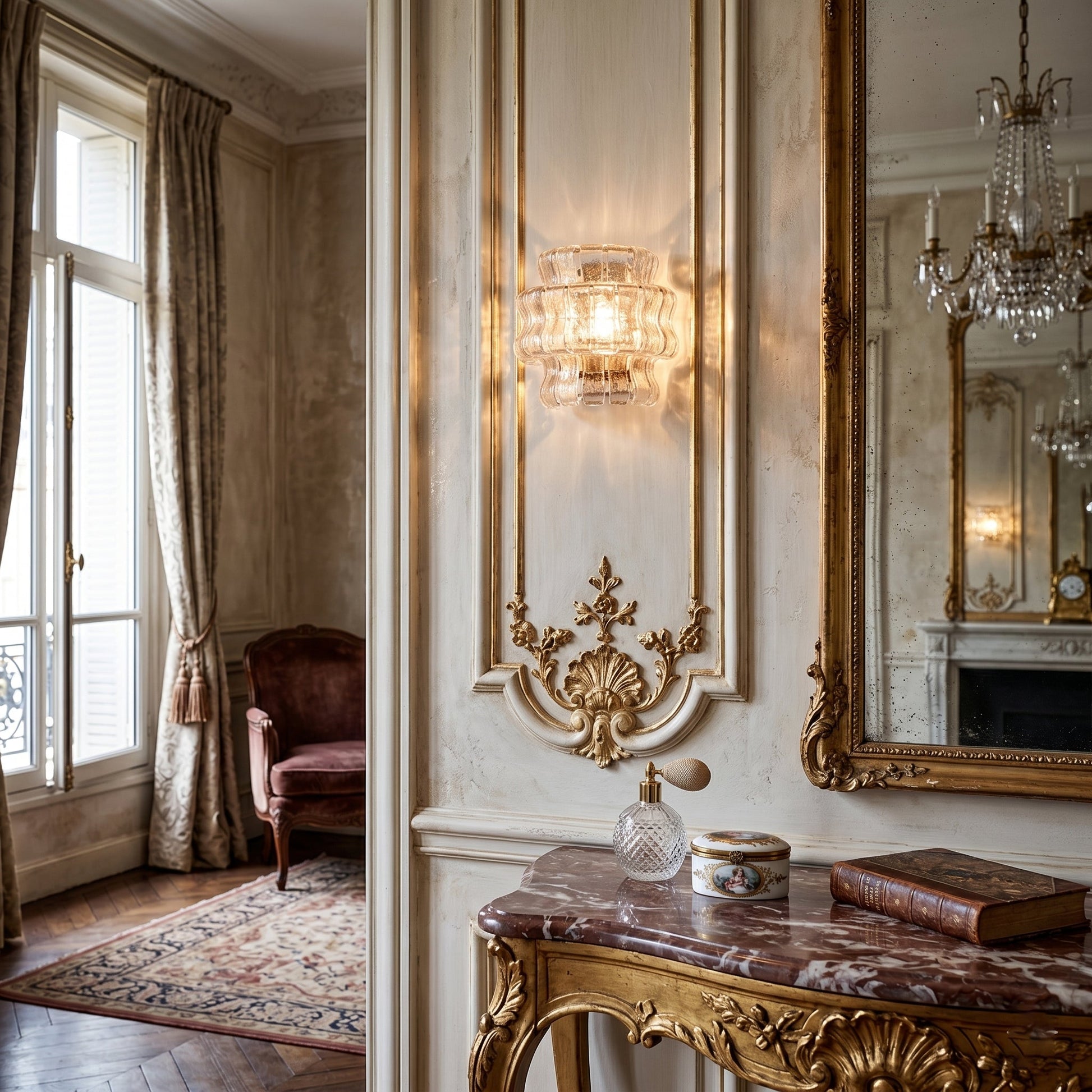 The clear glass Albano Wall Lamp illuminating a dark corner.