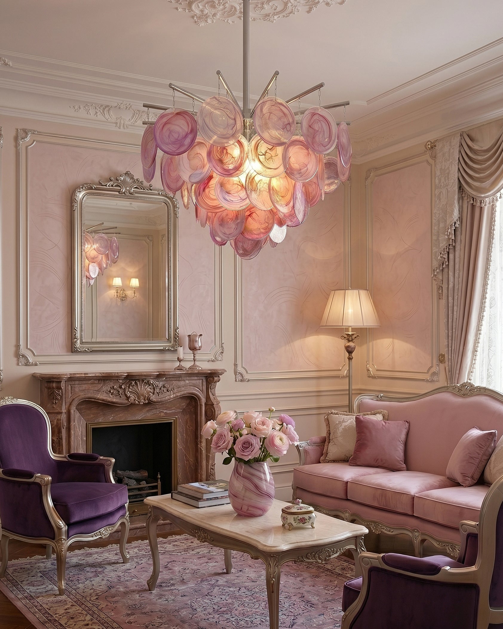 The Camisa Glass Chandelier shown in a dining room context.