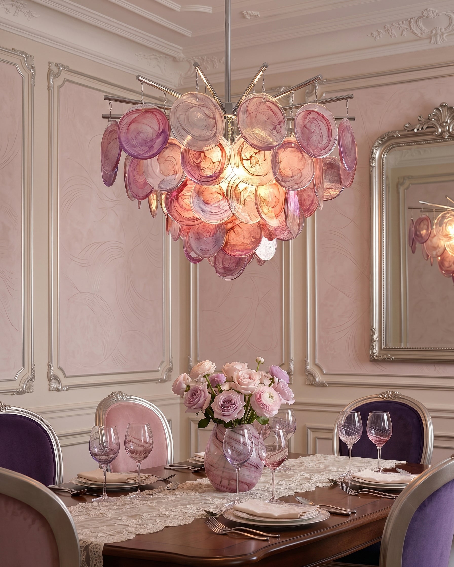 The Camisa Glass Chandelier illuminated in a dark room.