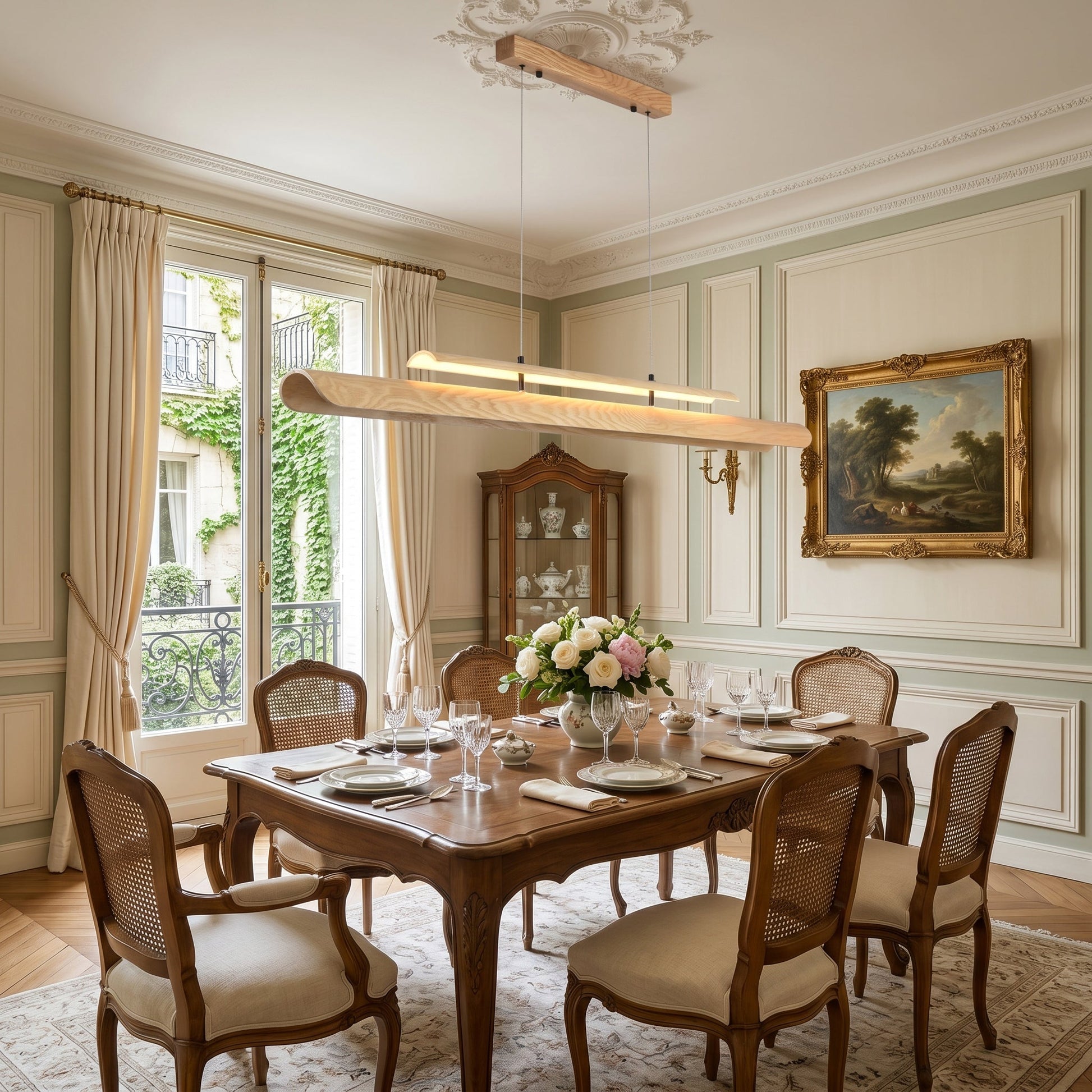 Angled view of the Sora Linear Chandelier showcasing its parabolic silhouette.