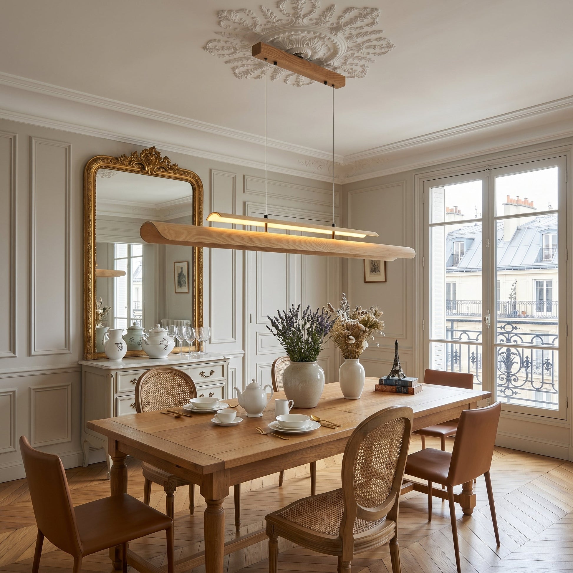 Sora Linear Chandelier hanging over a modern minimalist kitchen island.