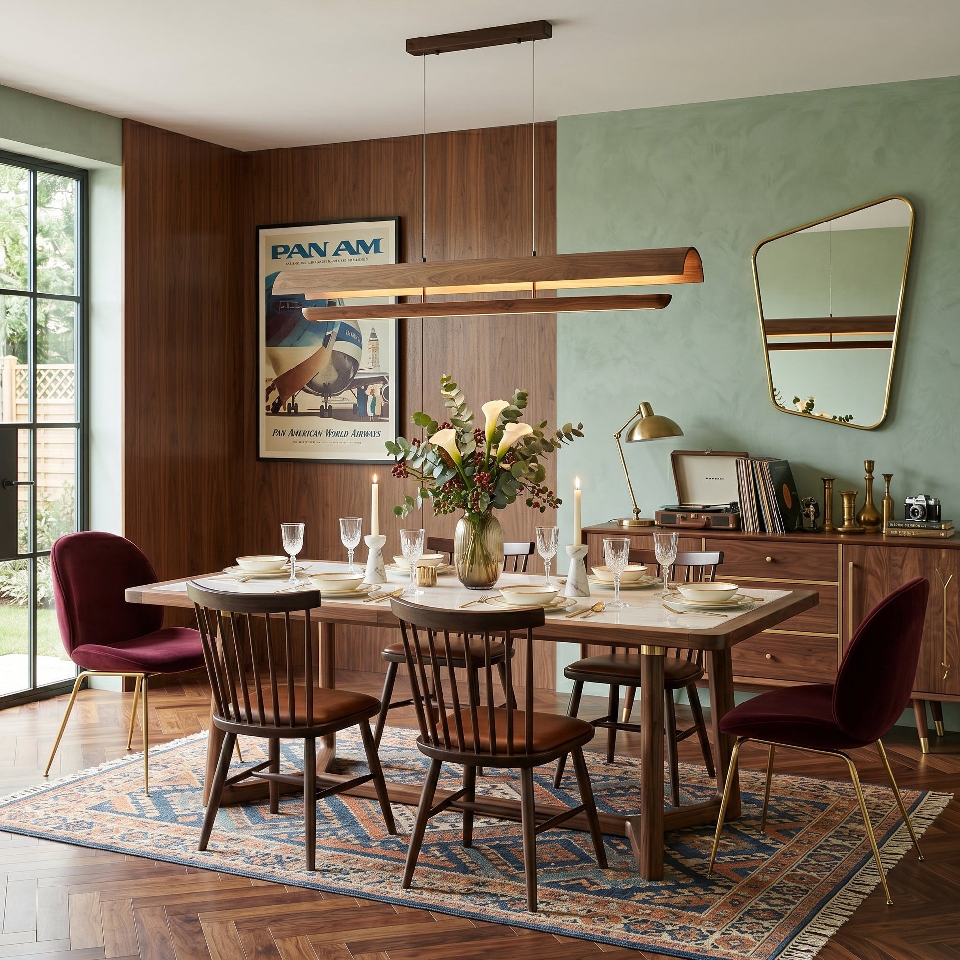 Kanoe Linear Chandelier illuminating a modern kitchen island.
