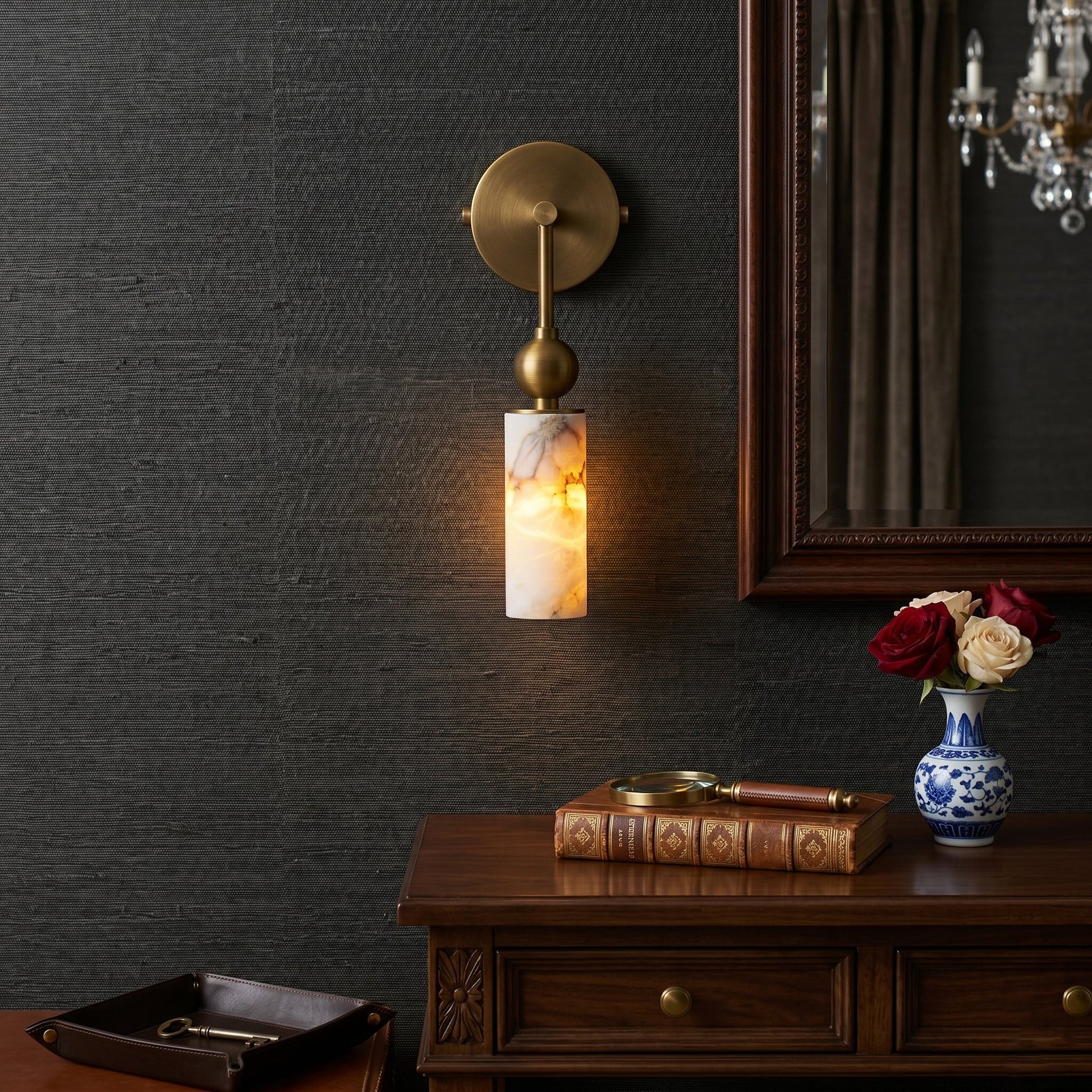 Close-up of the natural alabaster shade on the Metro Wall Lamp.