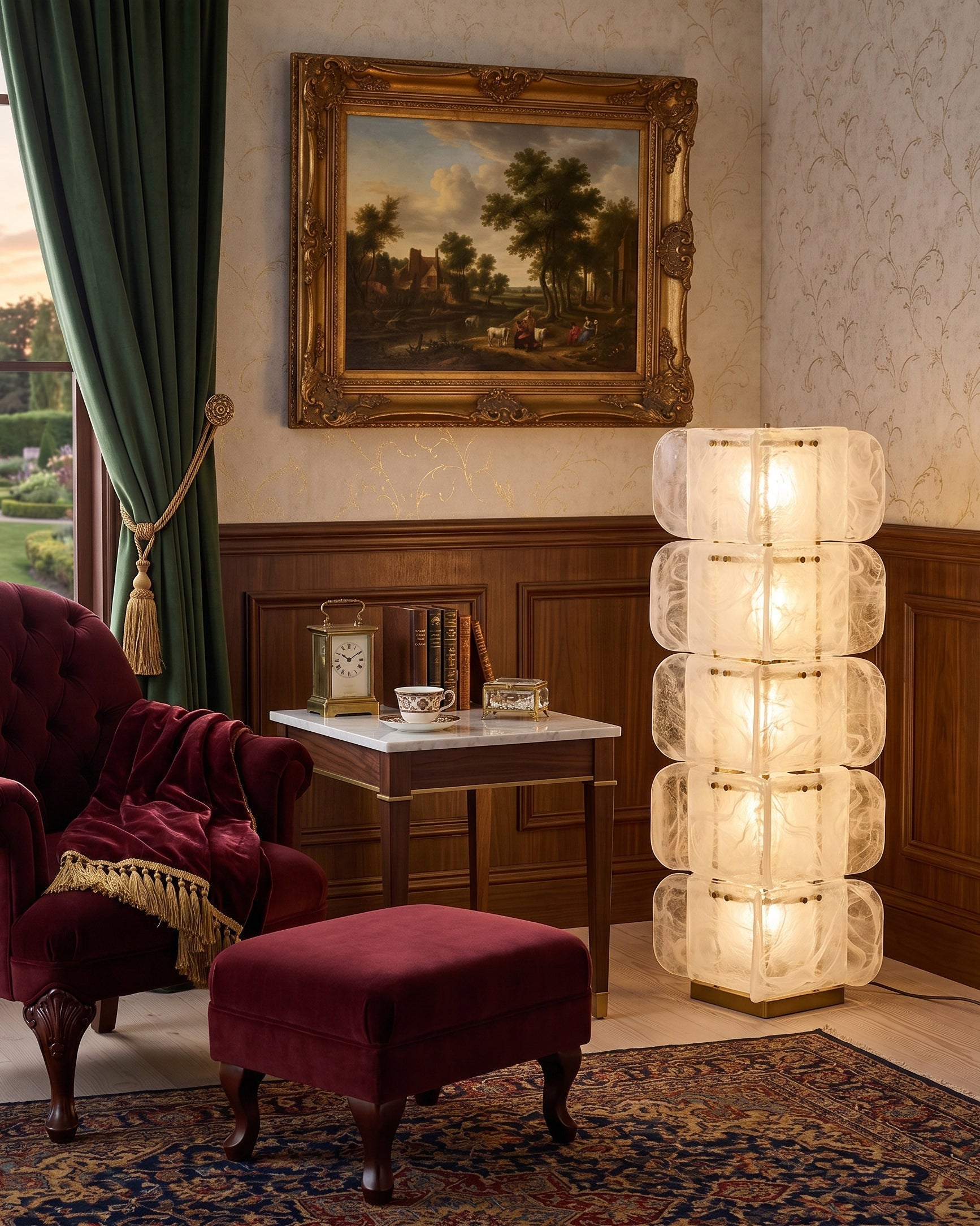 The Cubo Totem Floor Lamp illuminated, casting a warm glow.