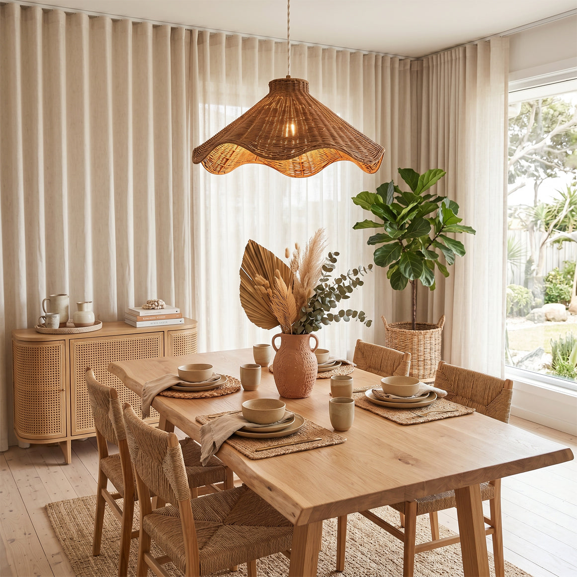 Close-up view of the Maren pendant's interlocking split-rattan weave.
