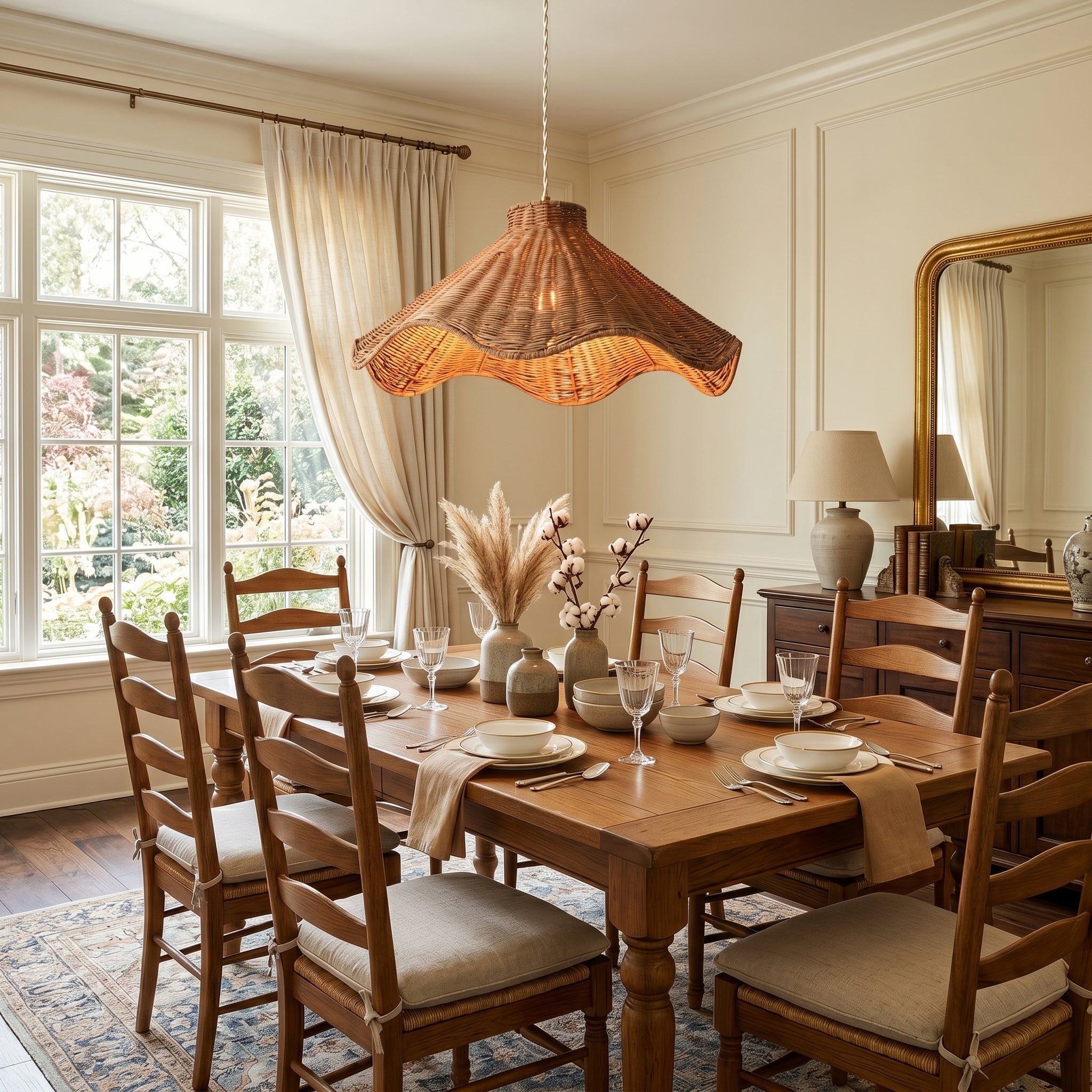Lifestyle image of the Maren pendant light over a modern wooden dining table.