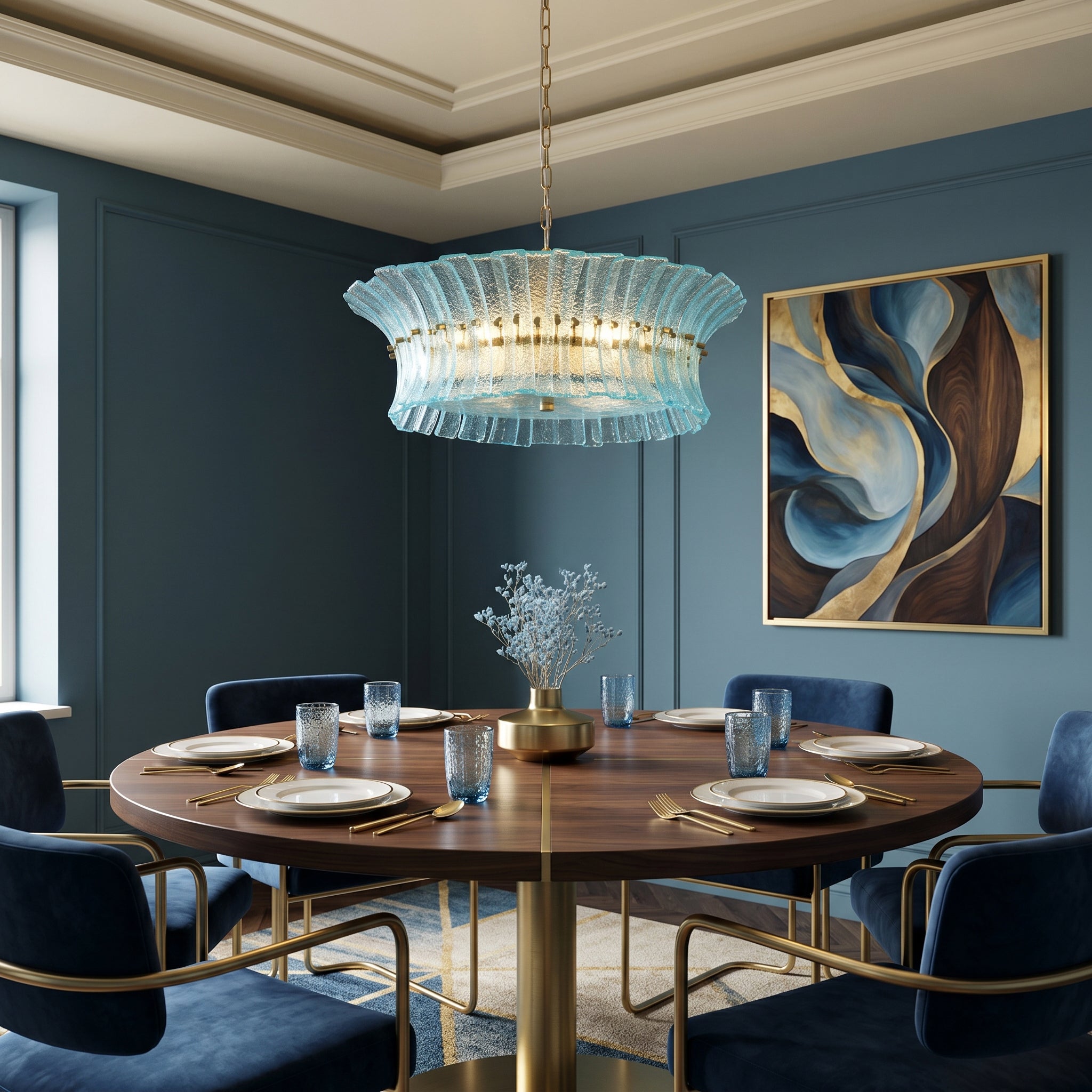 The Marin Glass Chandelier shown with the light on, highlighting the water-ripple effect.