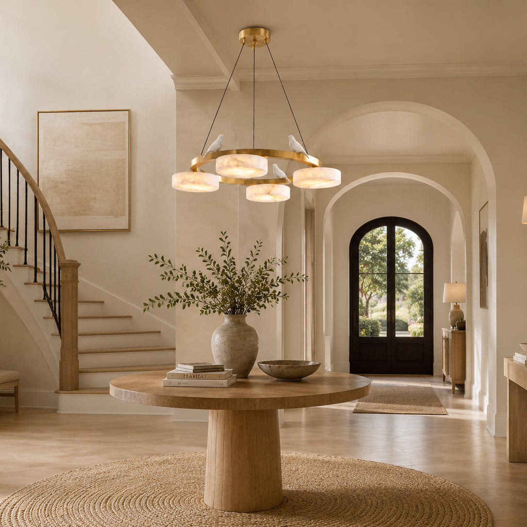 The 4-head version of the Sienna Bird Alabaster Chandelier.