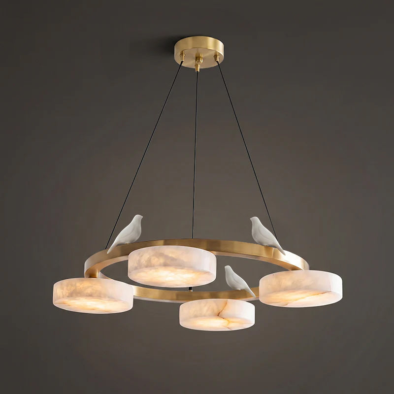 Diagram showing the dimensions of the 5-head chandelier: 28.3-inch diameter.