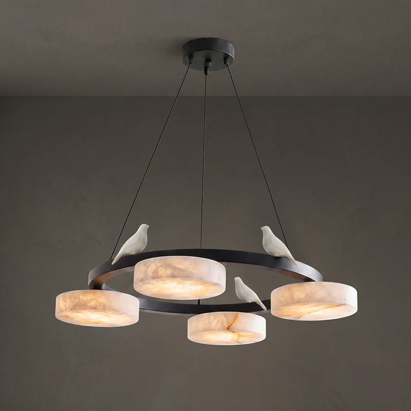 Components of the Sienna chandelier, including mounting plate and wiring.