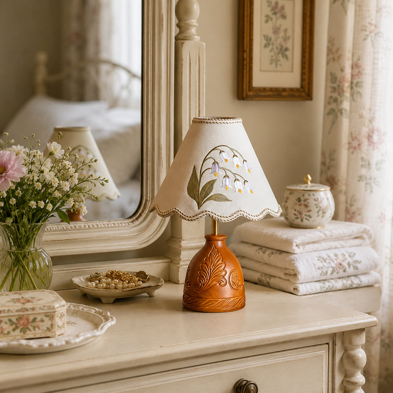 The lamp illuminating a cozy living room corner.