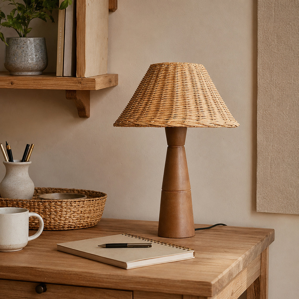 The Zaya Table Lamp shown on a bedroom nightstand.