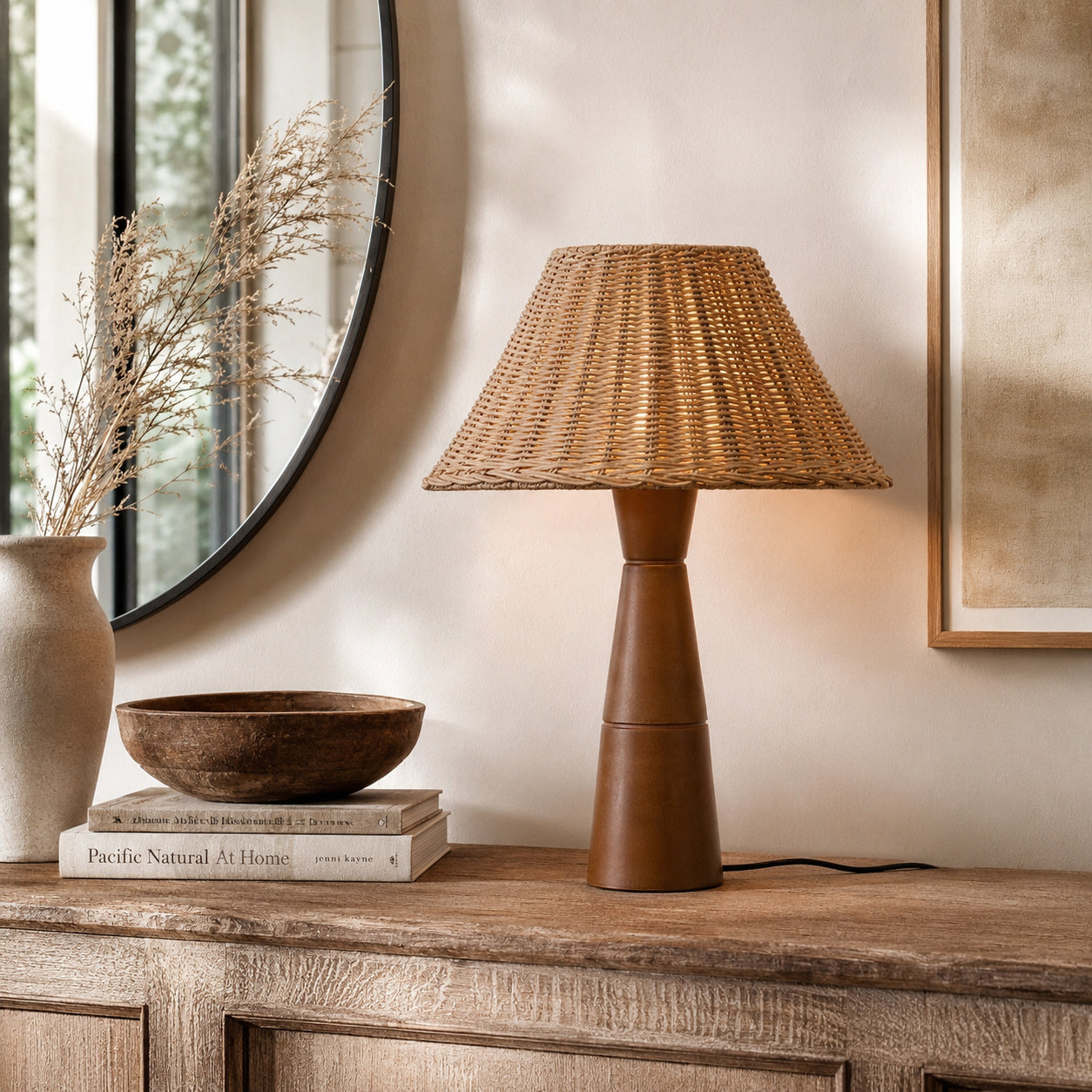 Close-up of the Zaya Table Lamp's woven rattan shade.