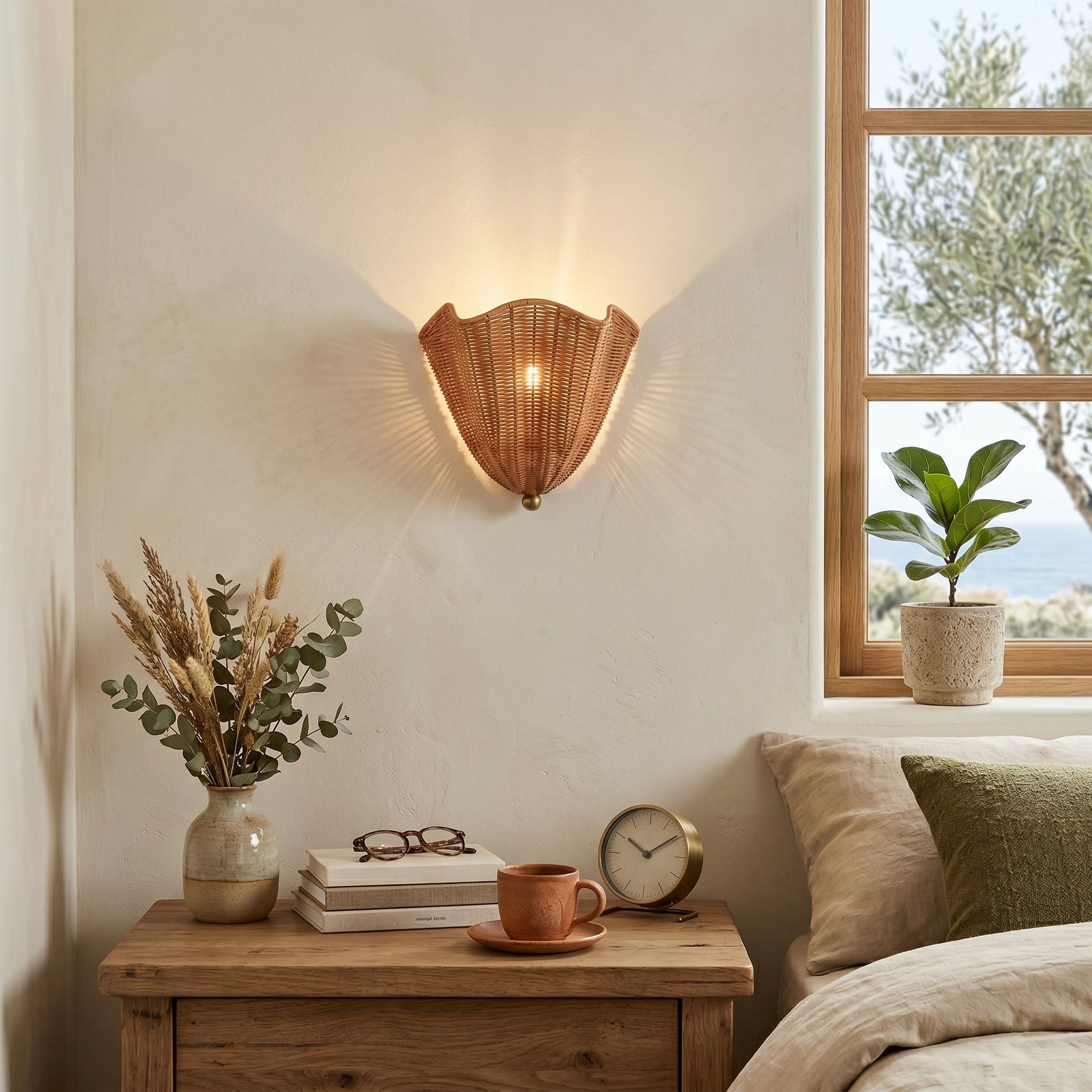 Close-up of the hand-woven rattan texture of the Sarasota Wall Sconce.