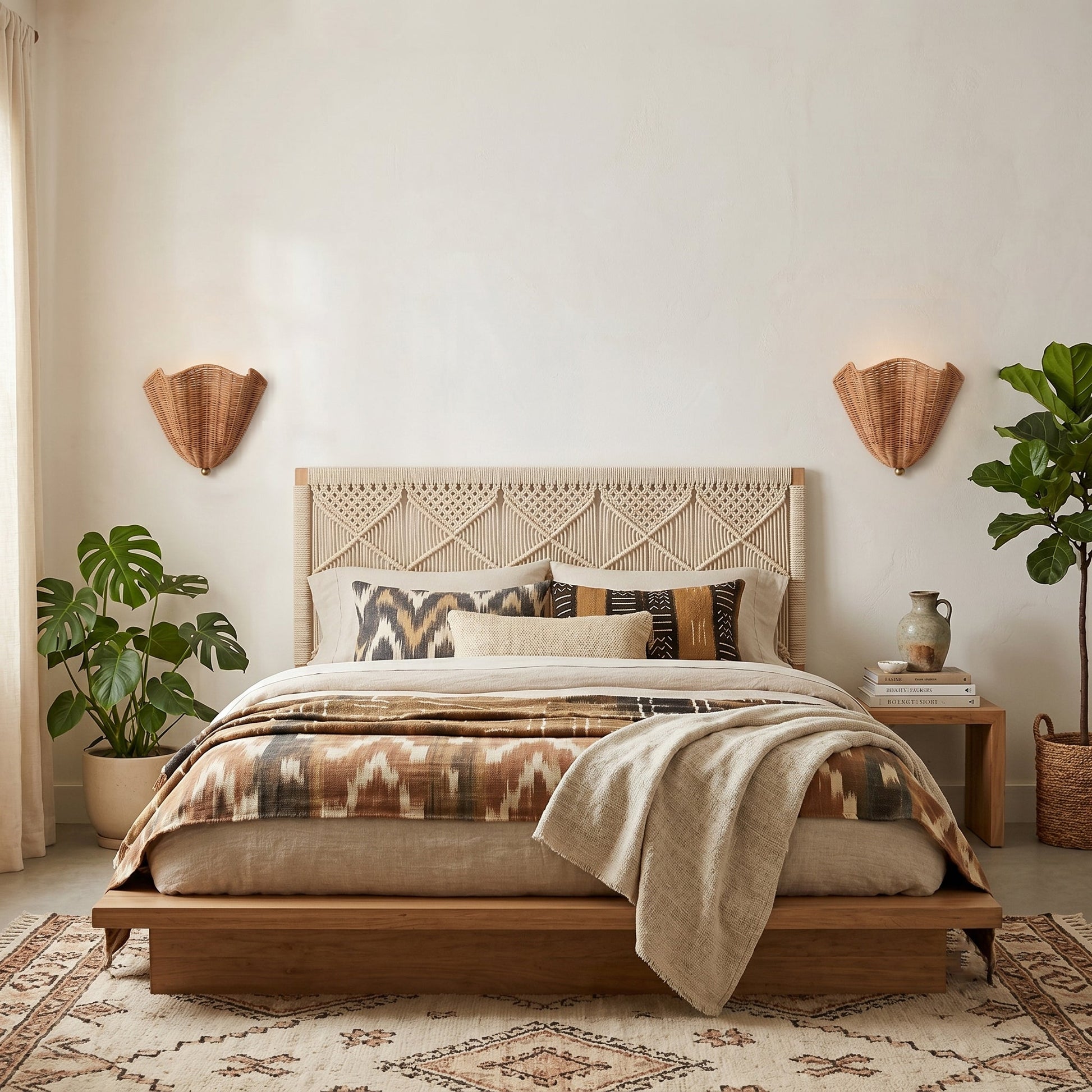 The Sarasota Rattan Wall Sconce casting a patterned glow on a wall.