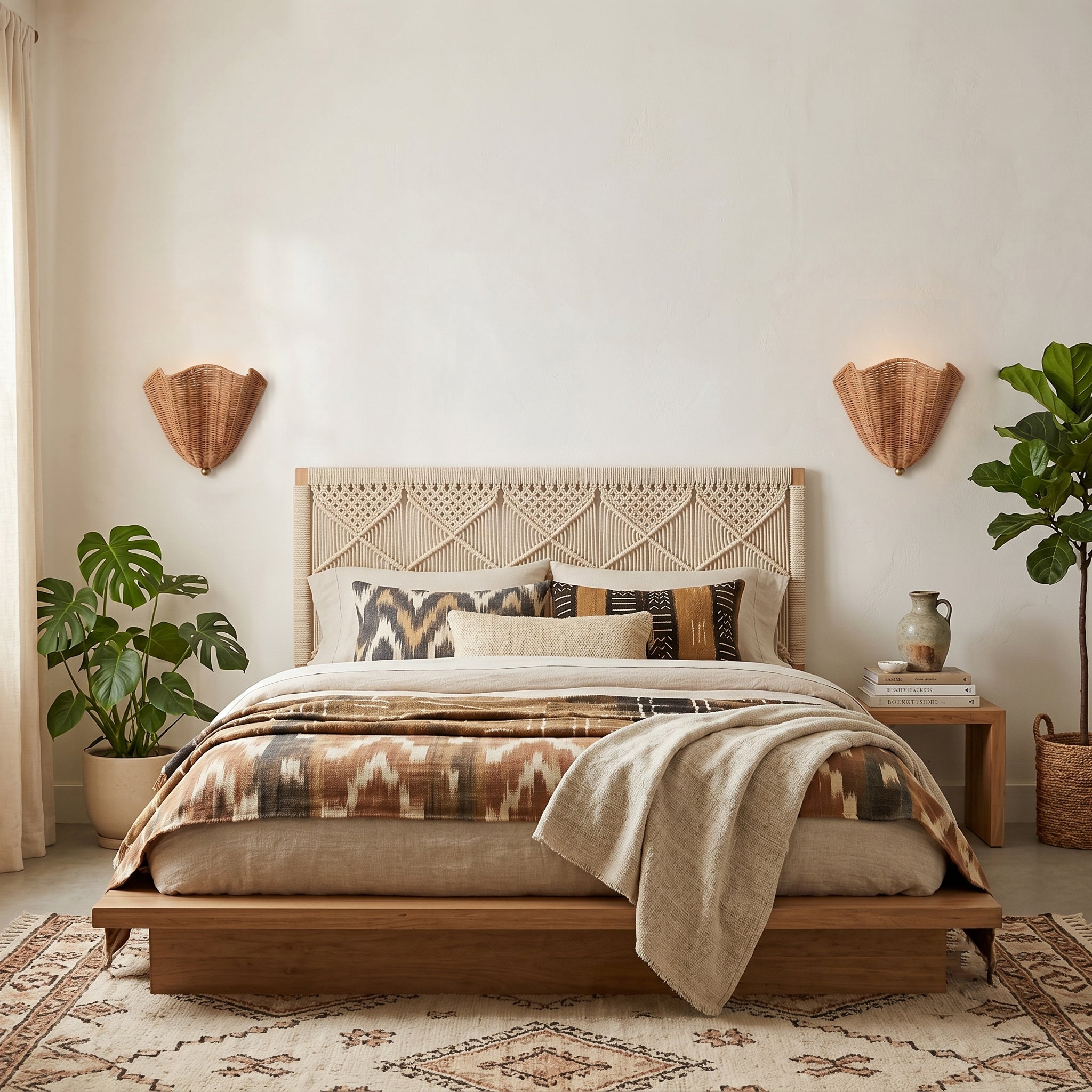 The Sarasota Rattan Wall Sconce casting a patterned glow on a wall.