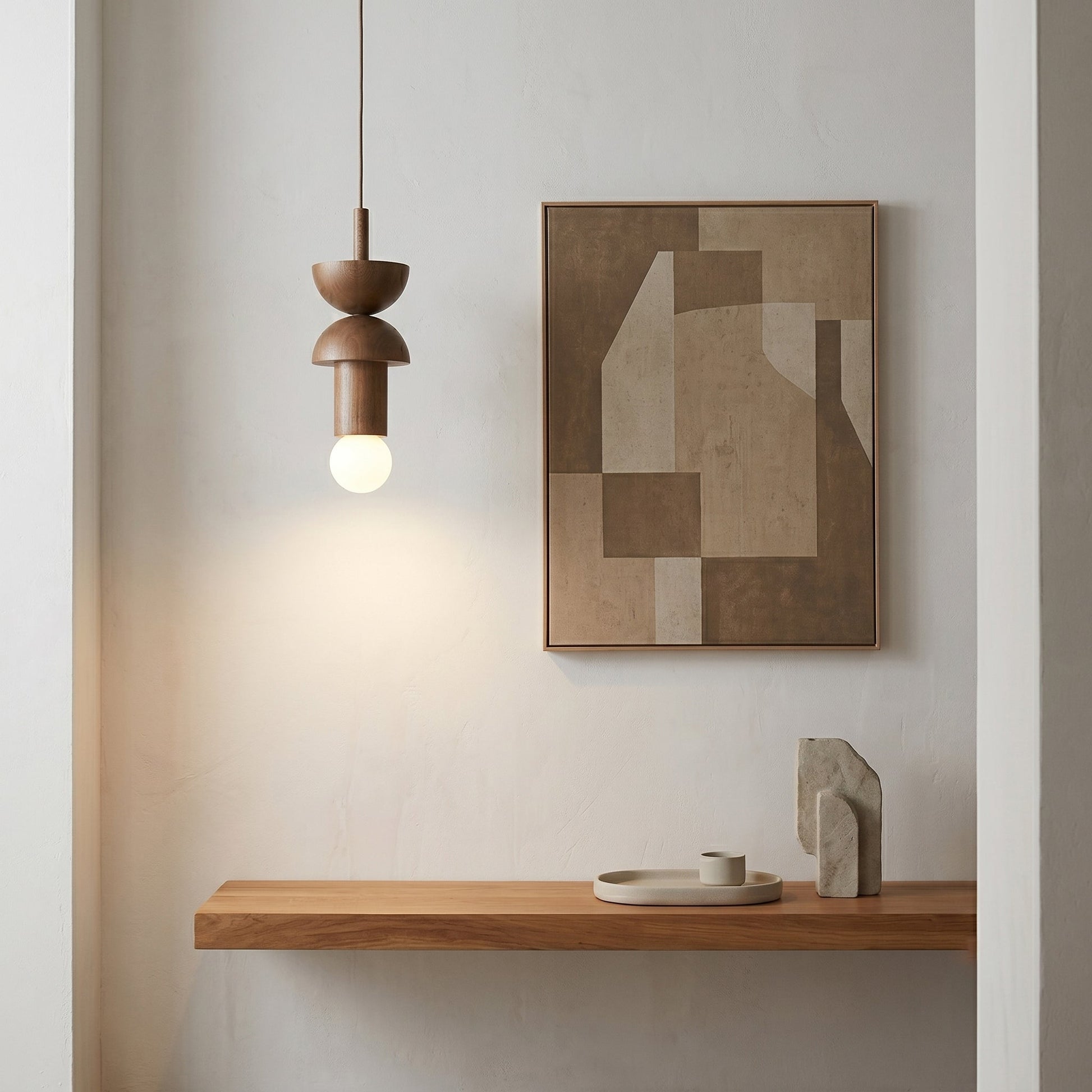 Detail shot highlighting the natural wood grain of the Vanya pendant.