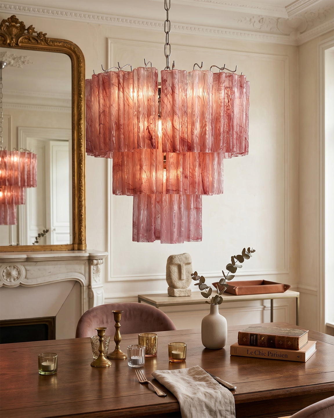 The 3-layer Rhodes Glass Chandelier, Dia 50cm, hanging in a high-ceiling room.