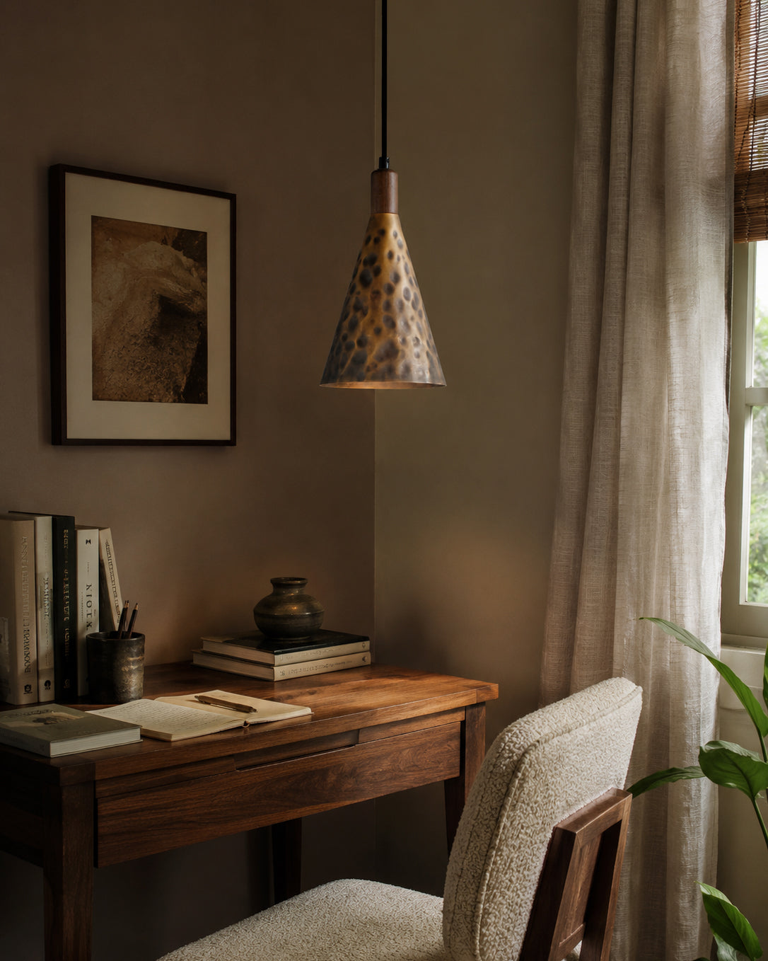 Detail view of the antique bronze ceiling canopy for the Boyd Pendant Lamp.
