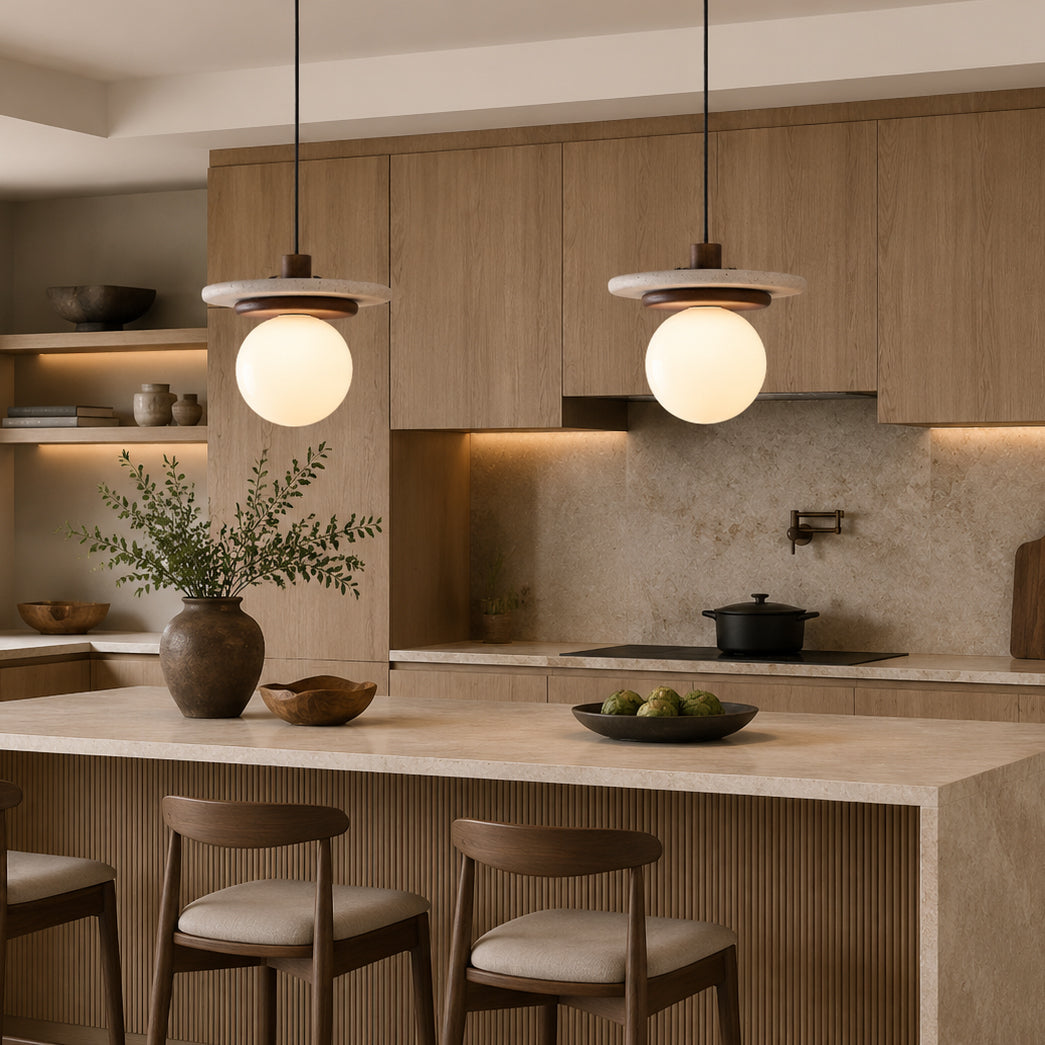 Close-up of the stacked travertine and walnut wood layers on the pendant light.