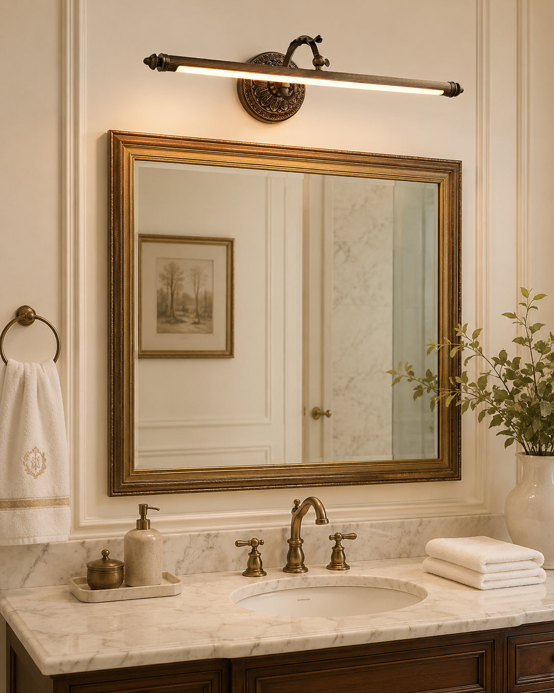 The Ellesmere wall sconce mounted vertically next to a bathroom mirror.