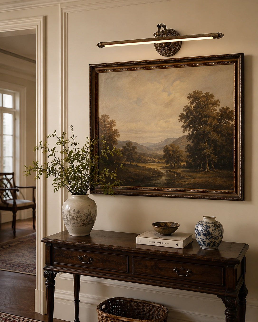 The wide size Ellesmere wall sconce (28.7 inches) mounted horizontally.