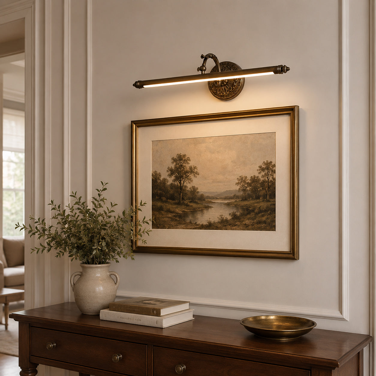 Angled view of the Ellesmere wall sconce showing the reeded light bar.