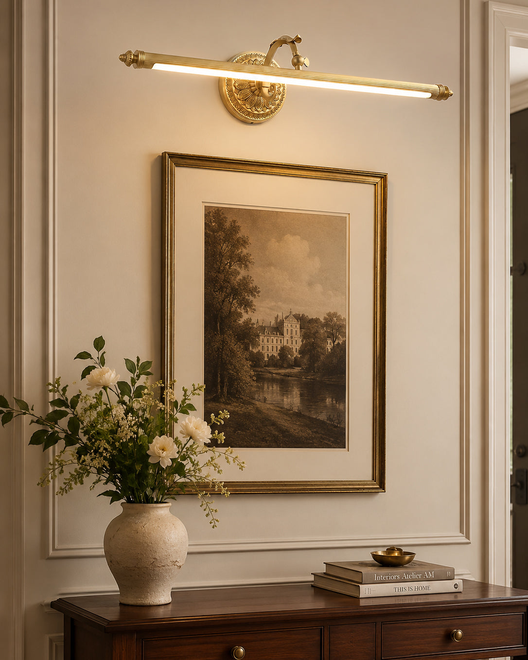 The compact size Ellesmere wall sconce (21.3 inches) against a neutral wall.
