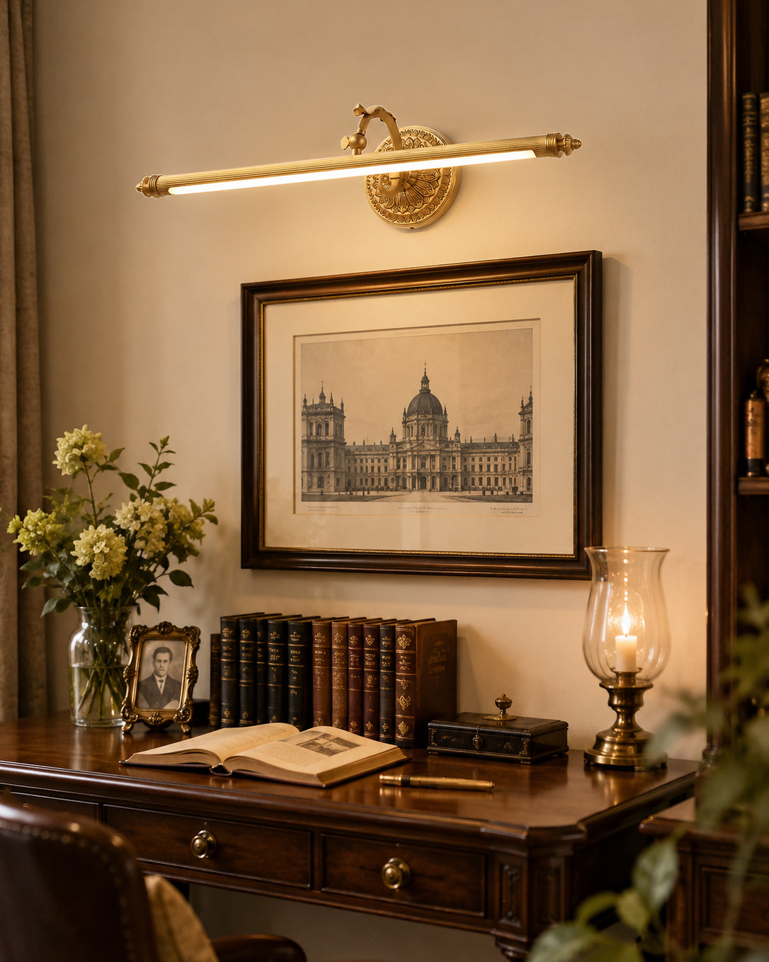 The Ellesmere wall sconce mounted horizontally above a bed headboard.