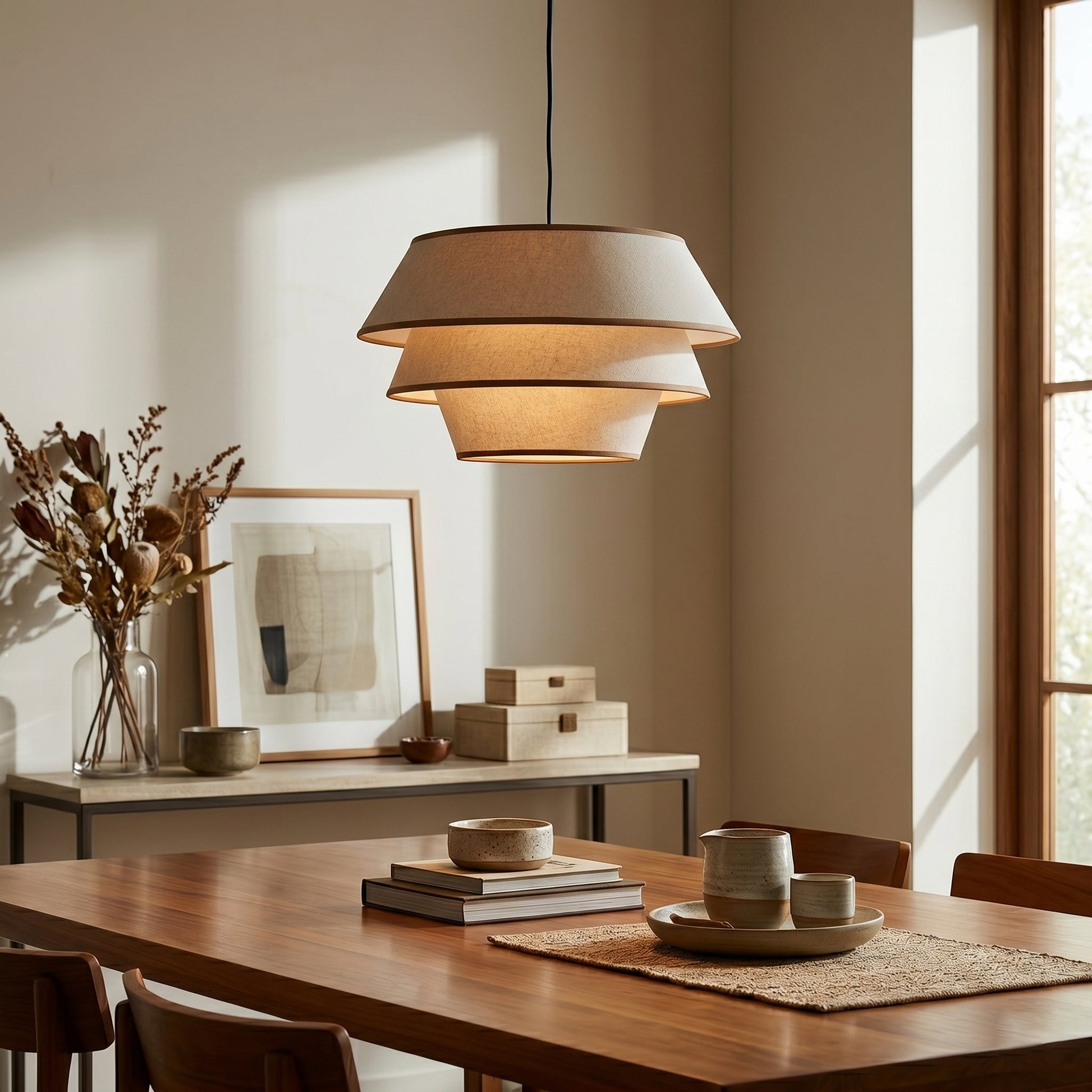 Side view of the Auden Pendant Light, highlighting its tiered, mid-century design.