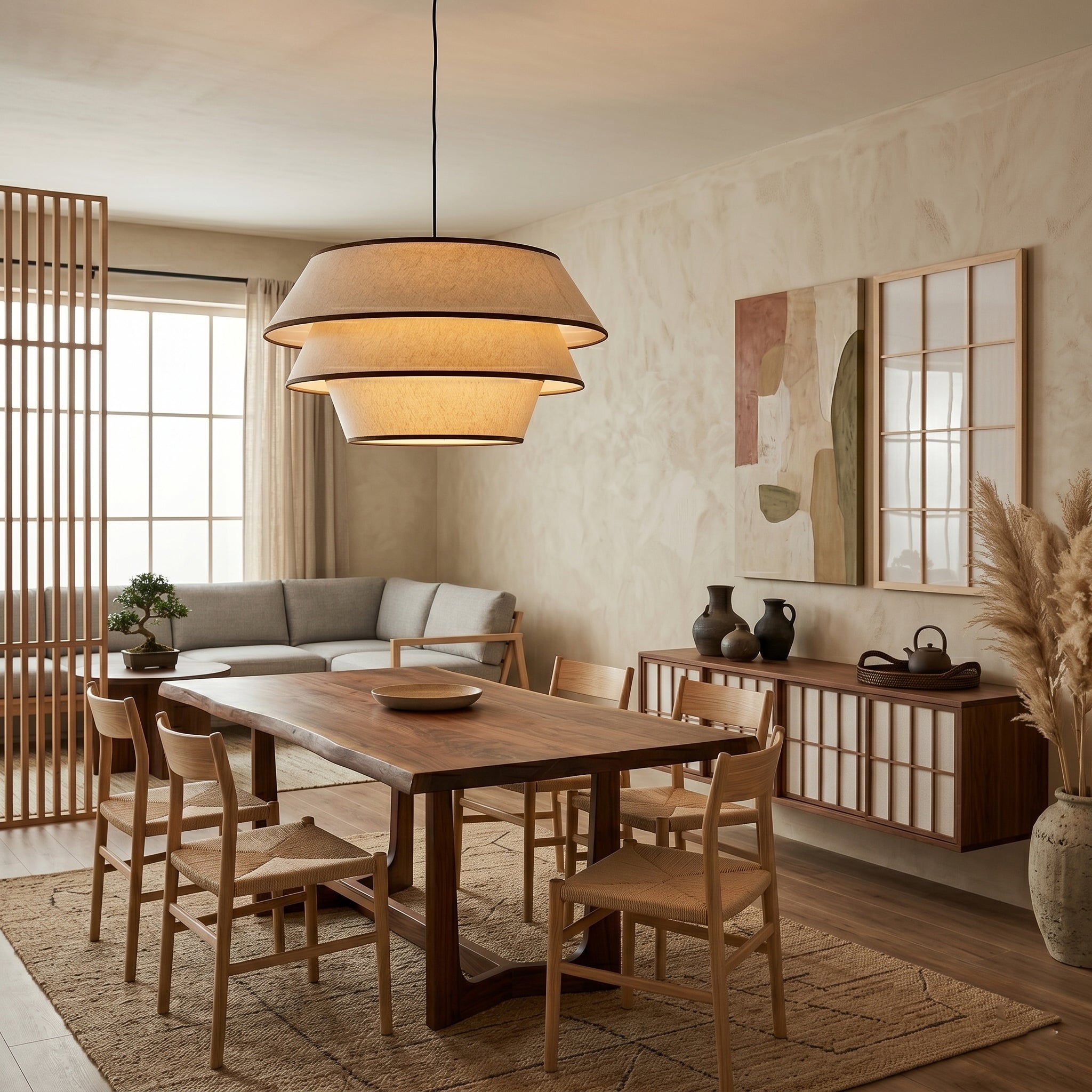 Close-up shot of the textured beige fabric shade of the Auden Pendant Light.