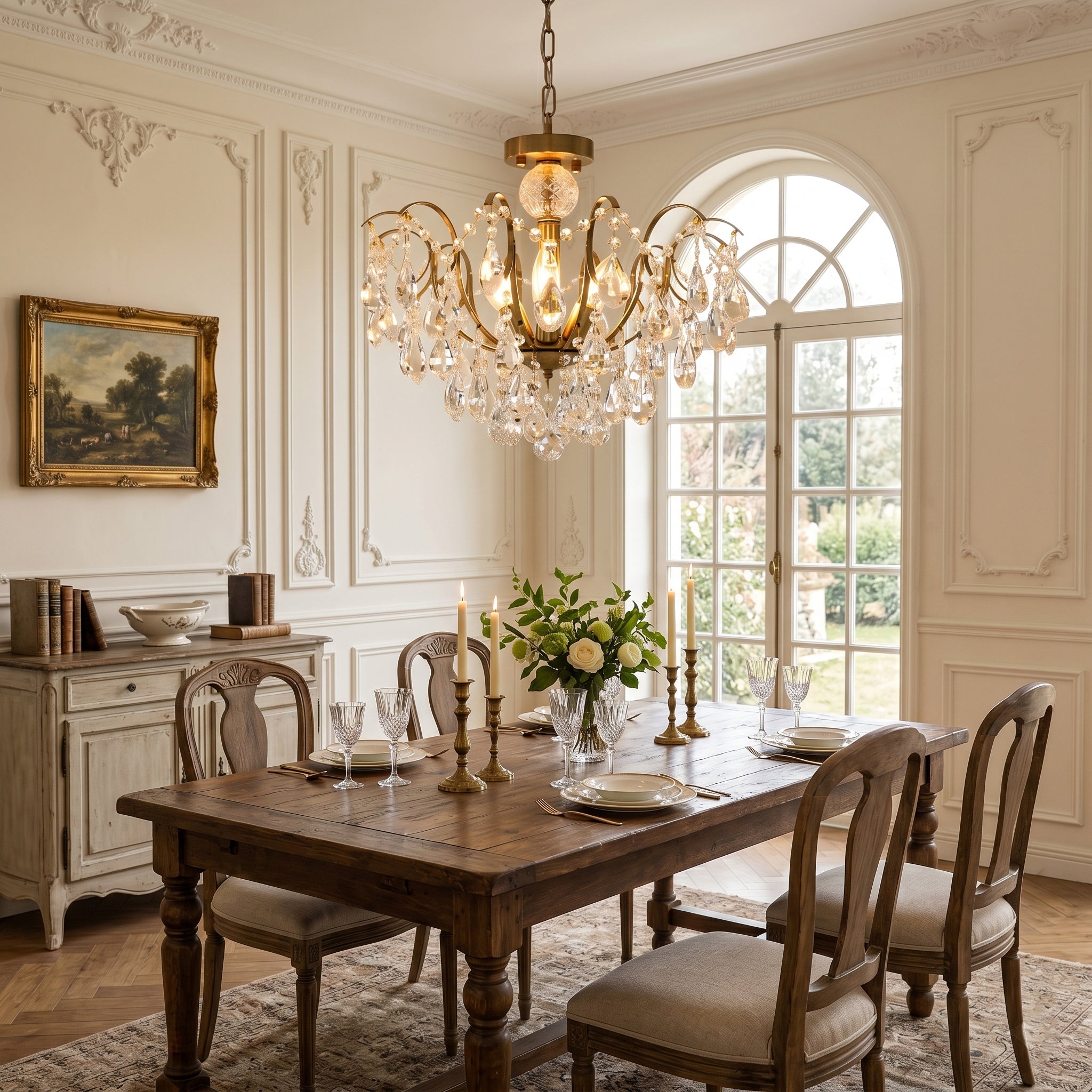 The Colette Chandelier hanging in a bedroom, creating a boutique feel.