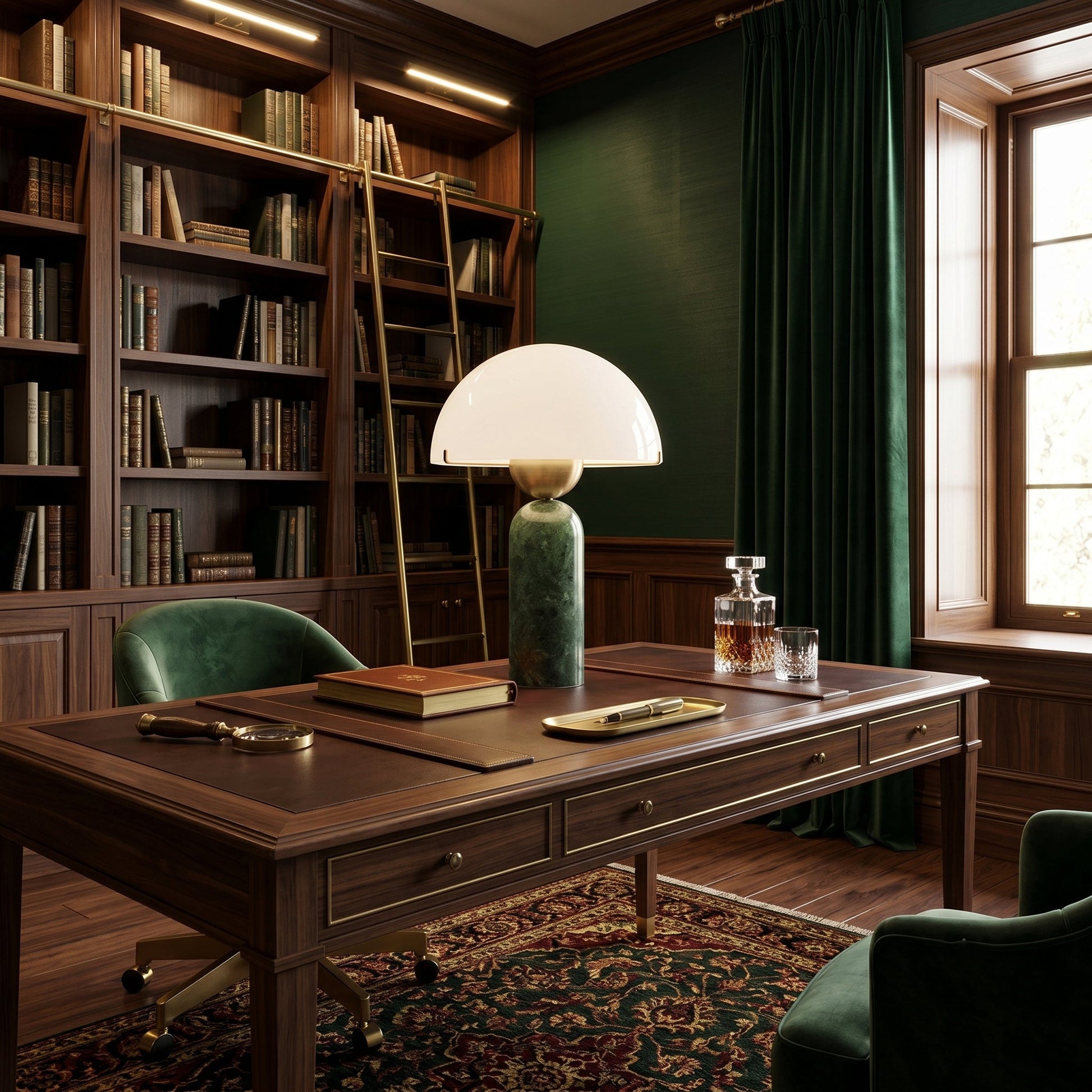 The lamp as a statement piece on a dark wood sideboard.