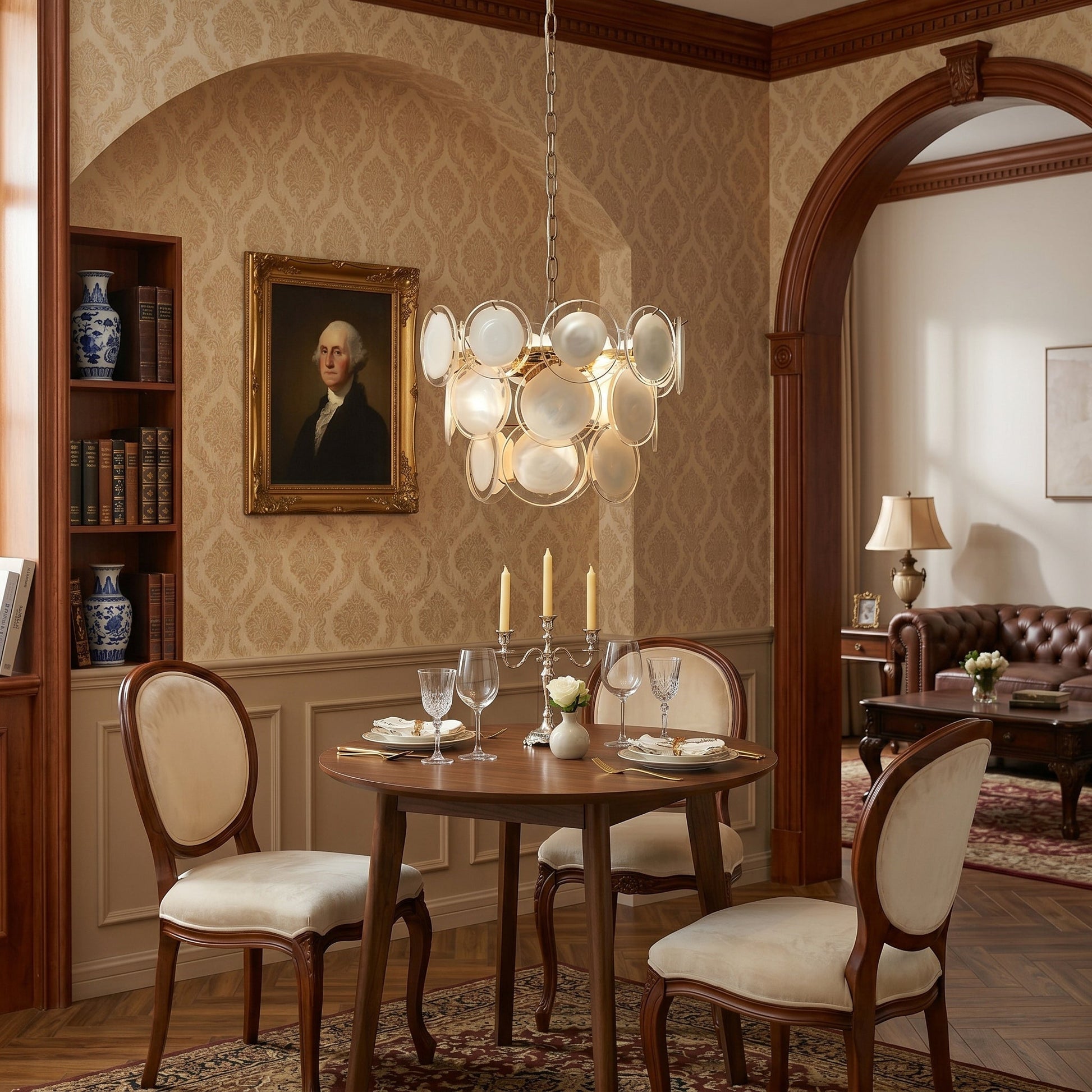 The pendant light shown from a low angle, highlighting its structure.