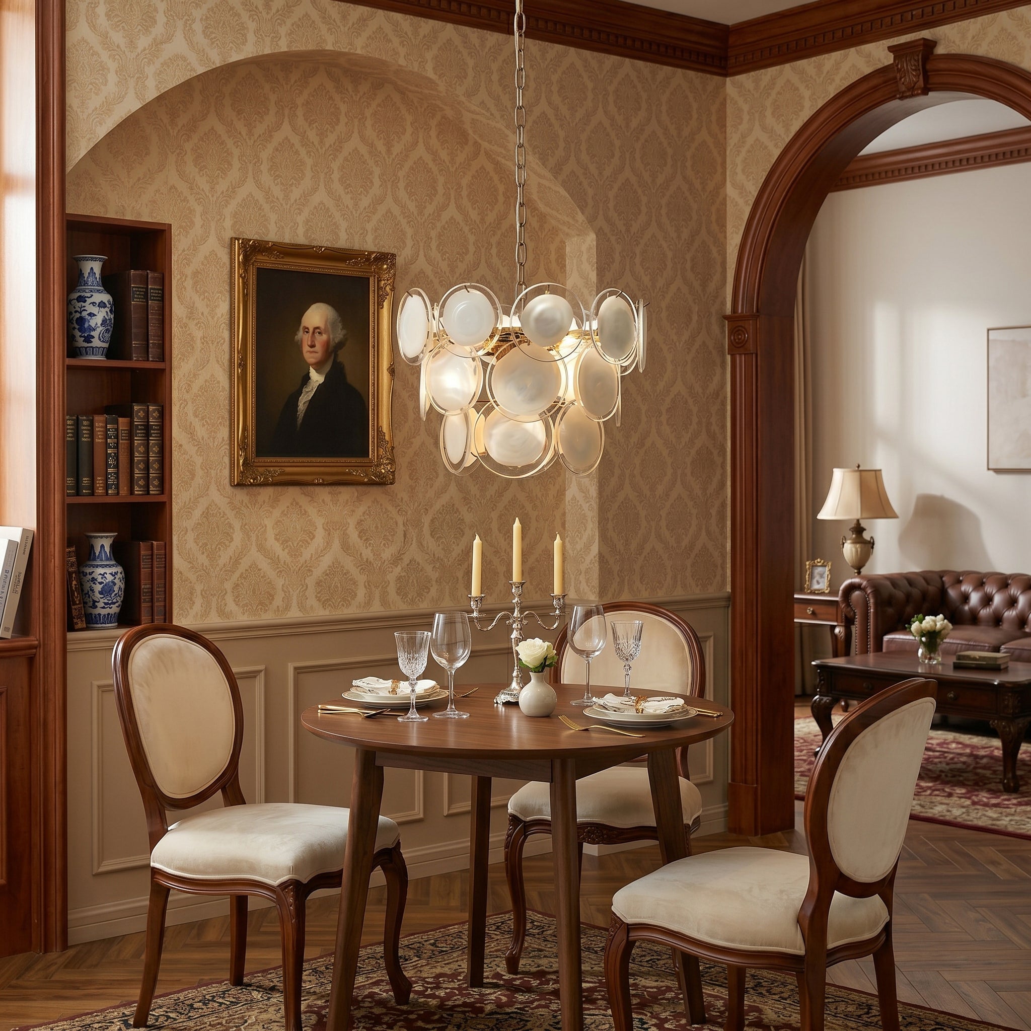 The pendant light shown from a low angle, highlighting its structure.