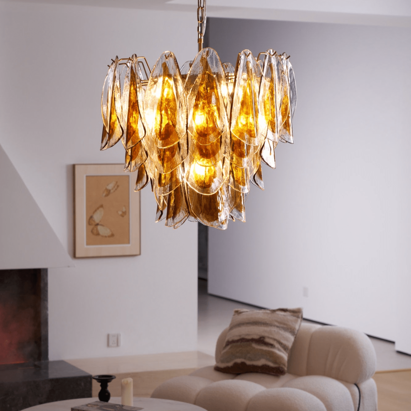 Aurora Chandelier Amber Leaf Glass Layered Organic Warmth-Neutral Decor