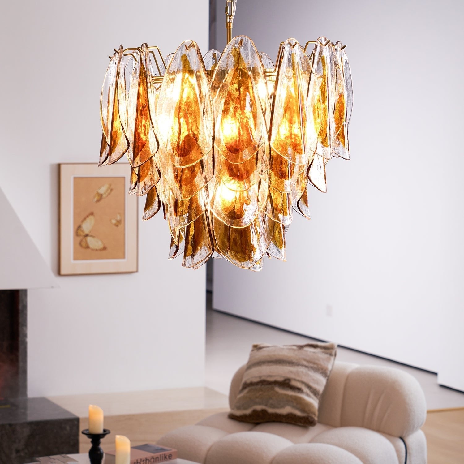 Aurora Chandelier Amber Leaf Glass Layered Organic Warmth-Neutral Decor