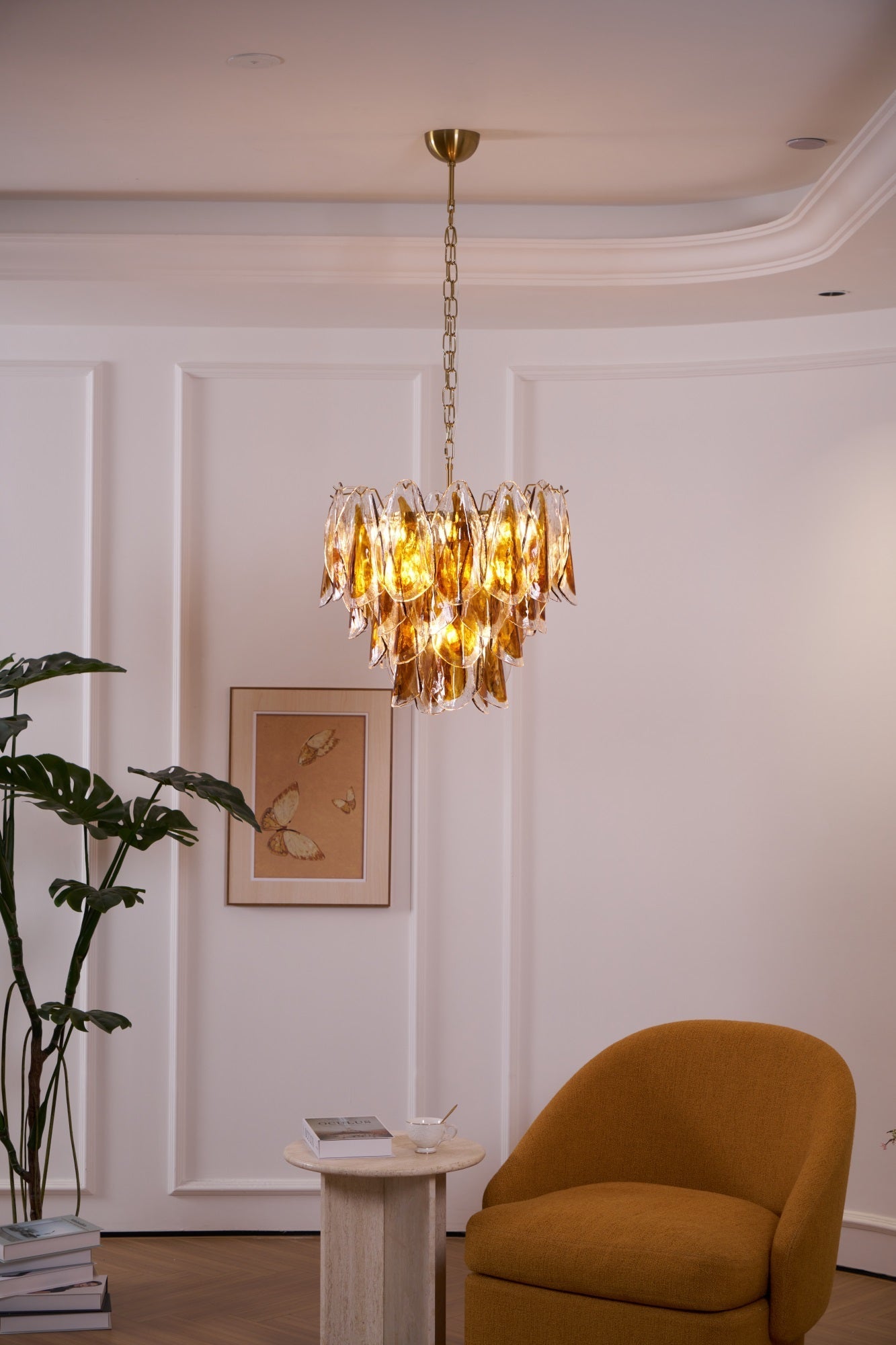 Aurora Chandelier Amber Leaf Glass Layered Organic Warmth-Neutral Decor