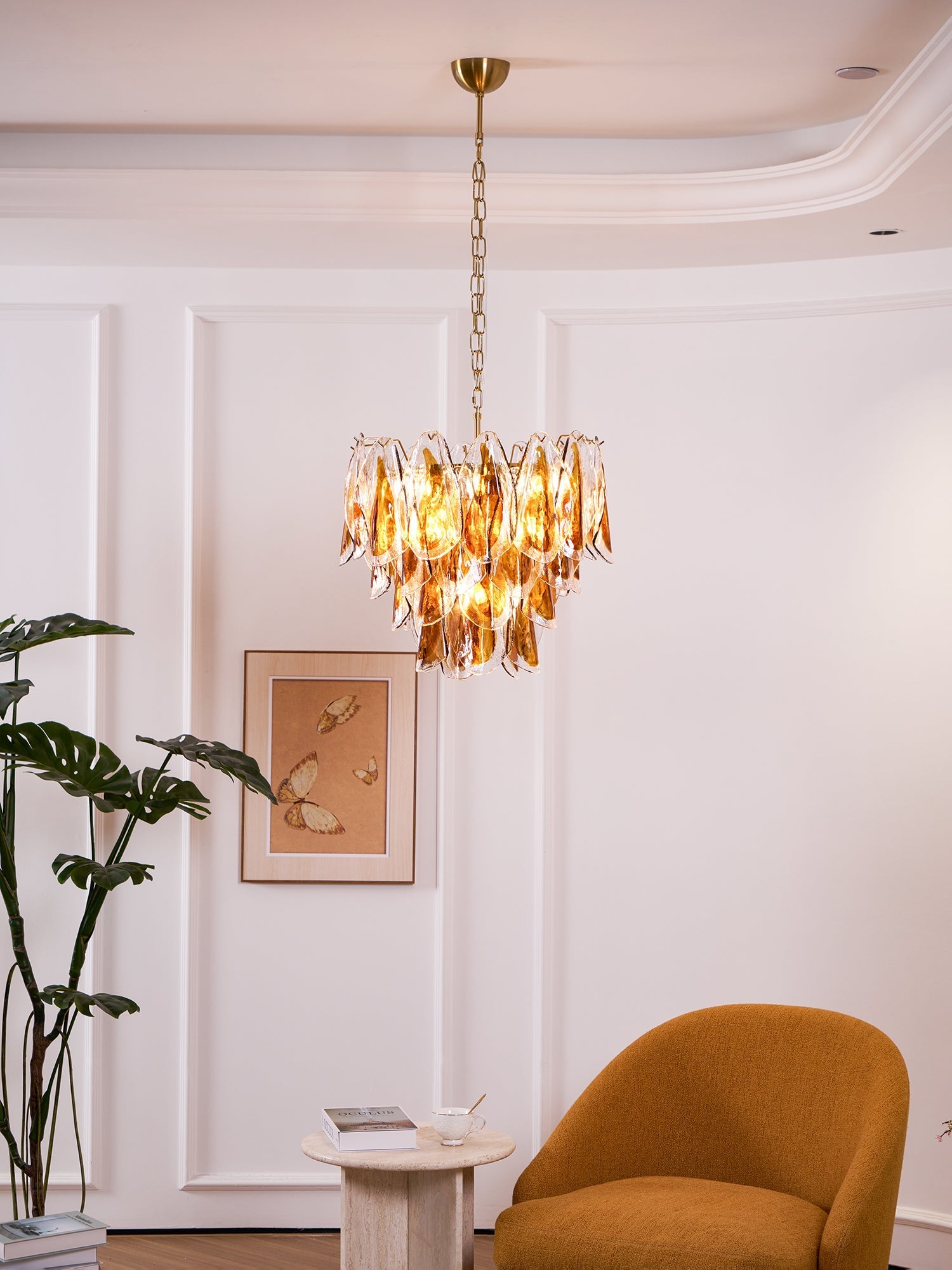 Aurora Chandelier Amber Leaf Glass Layered Organic Warmth-Neutral Decor