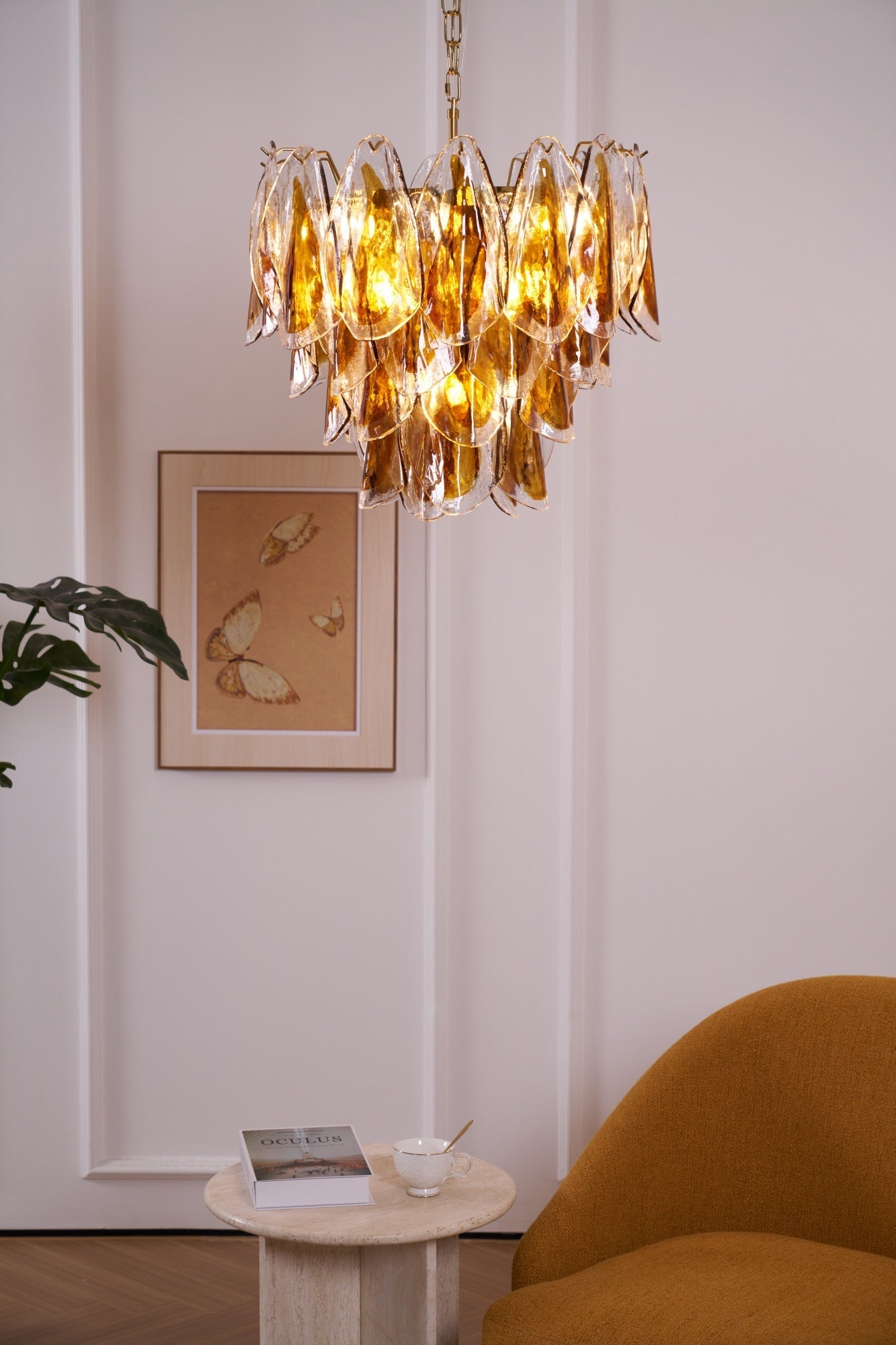 Aurora Chandelier Amber Leaf Glass Layered Organic Warmth-Neutral Decor