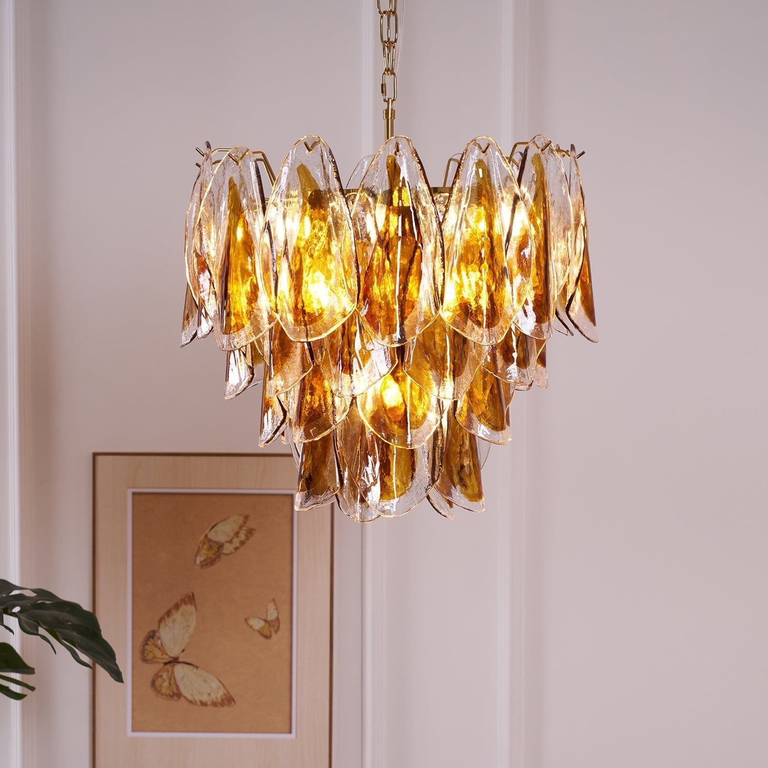 Aurora Chandelier Amber Leaf Glass Layered Organic Warmth-Neutral Decor